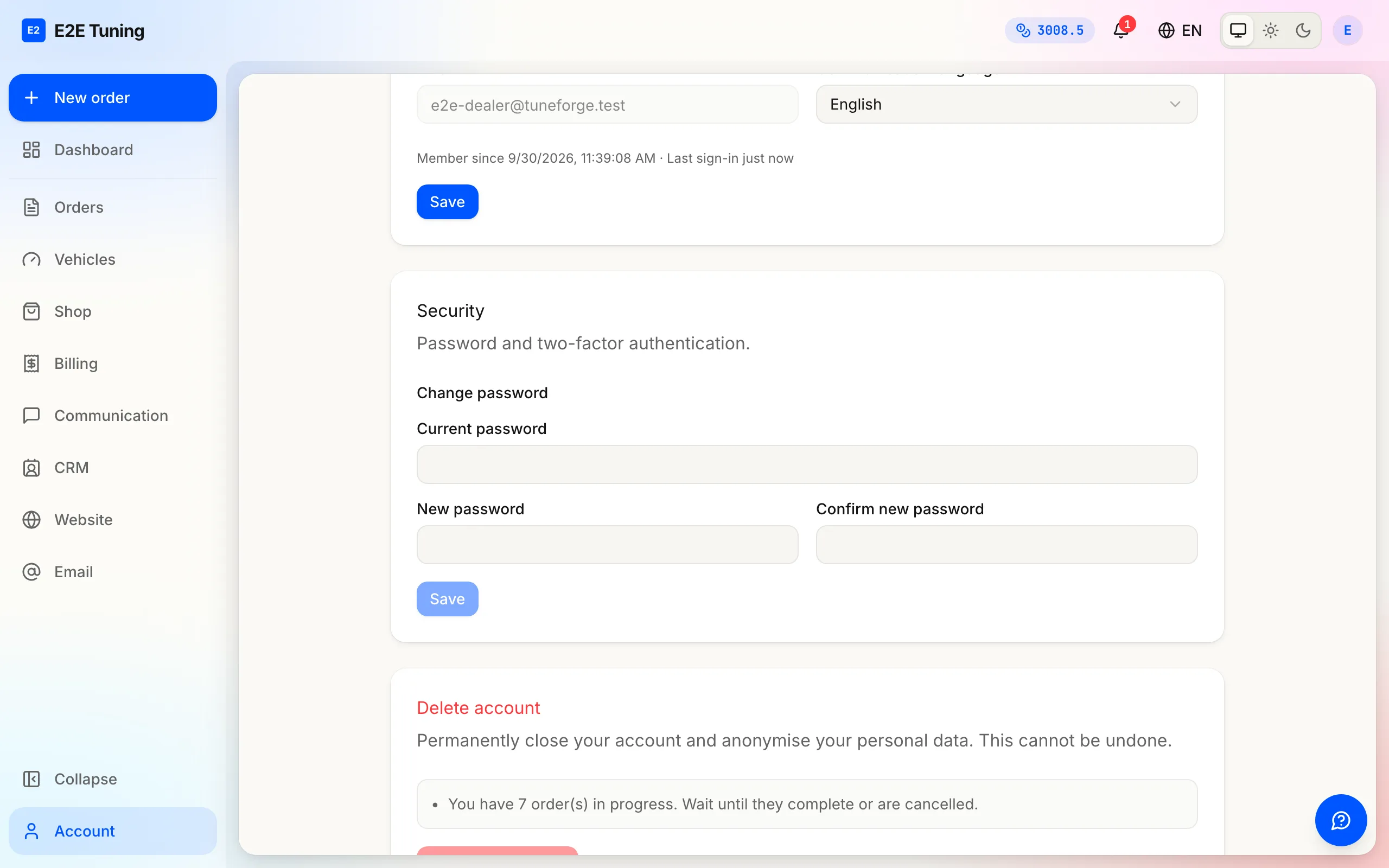 The Account page's Security card, where a signed-in user changes their password.