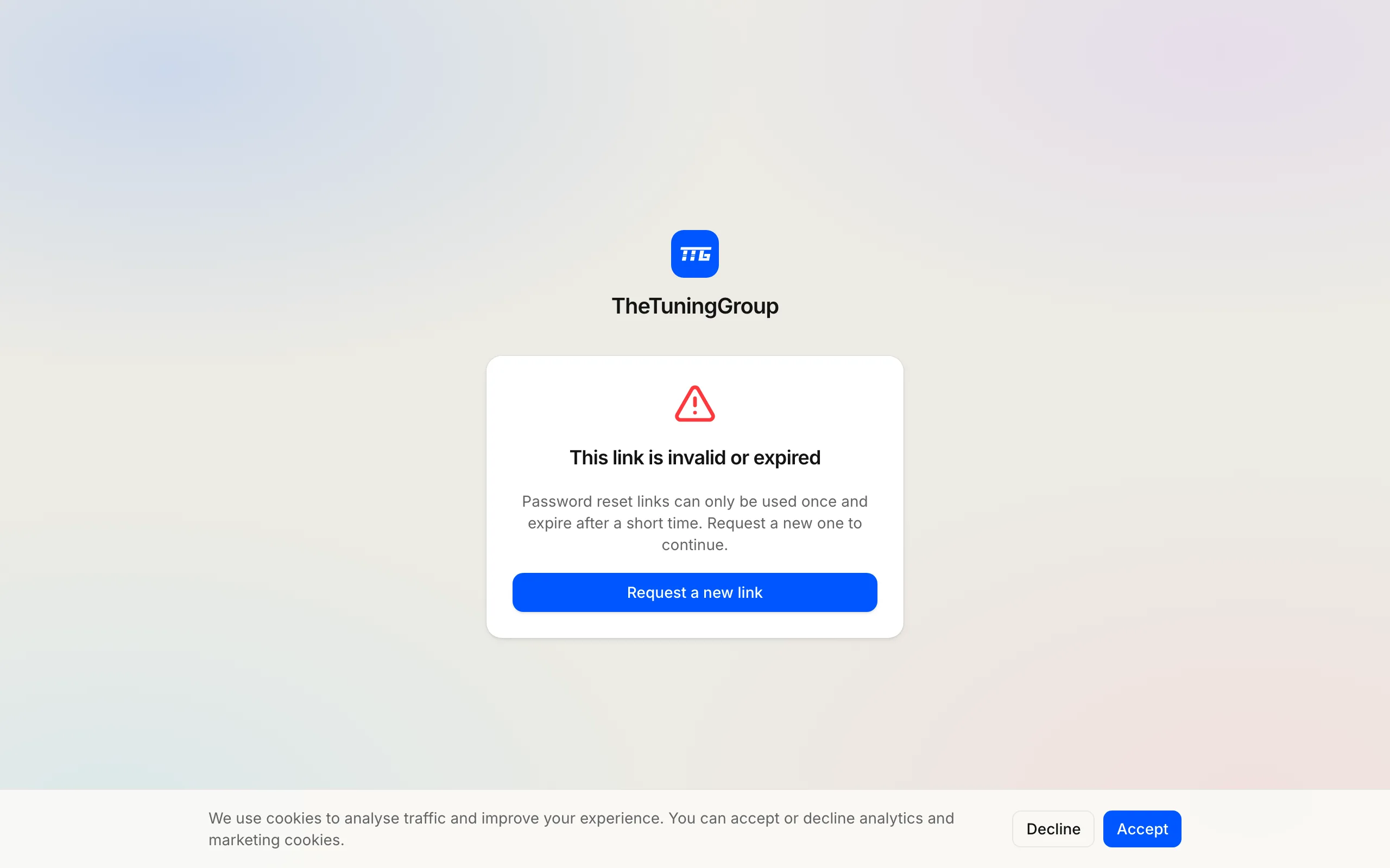 The password reset screen after a link has expired, offering to request a new one.