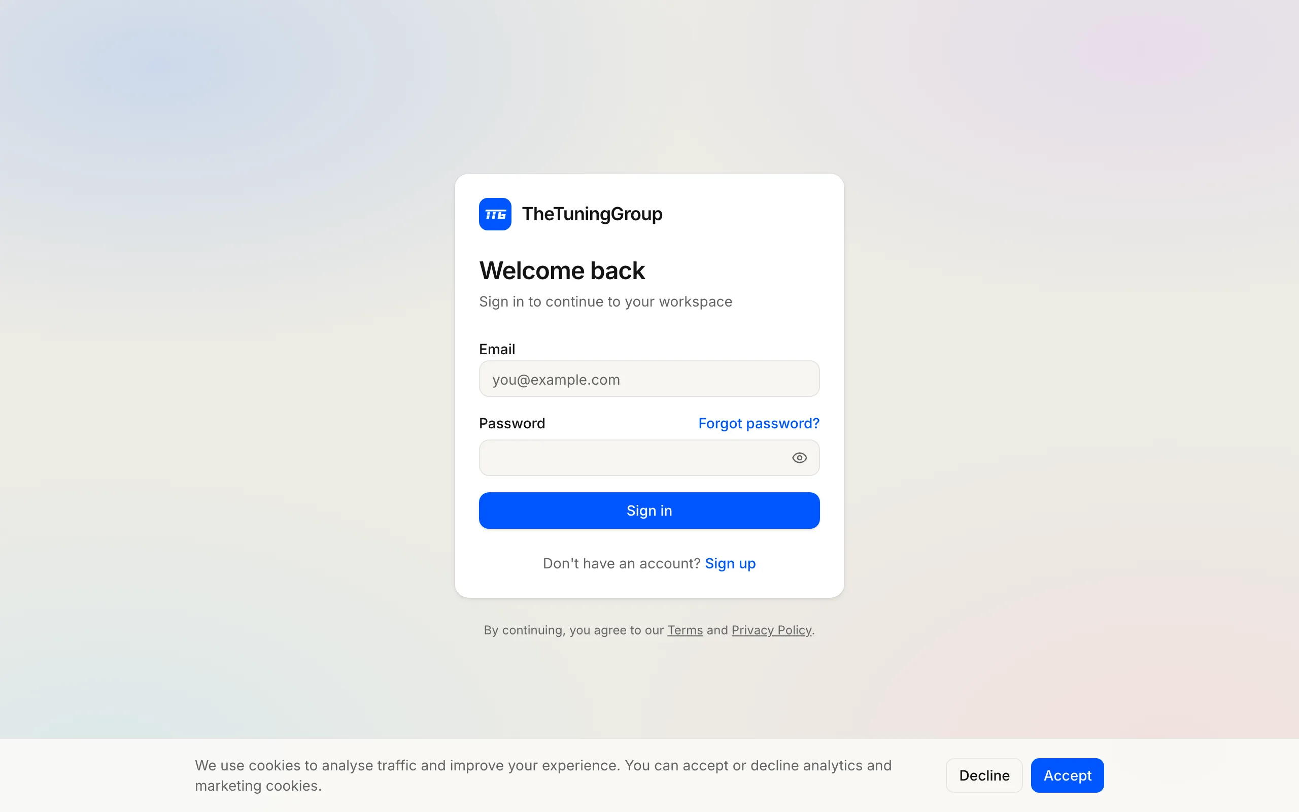The sign-in page with the email and password fields.