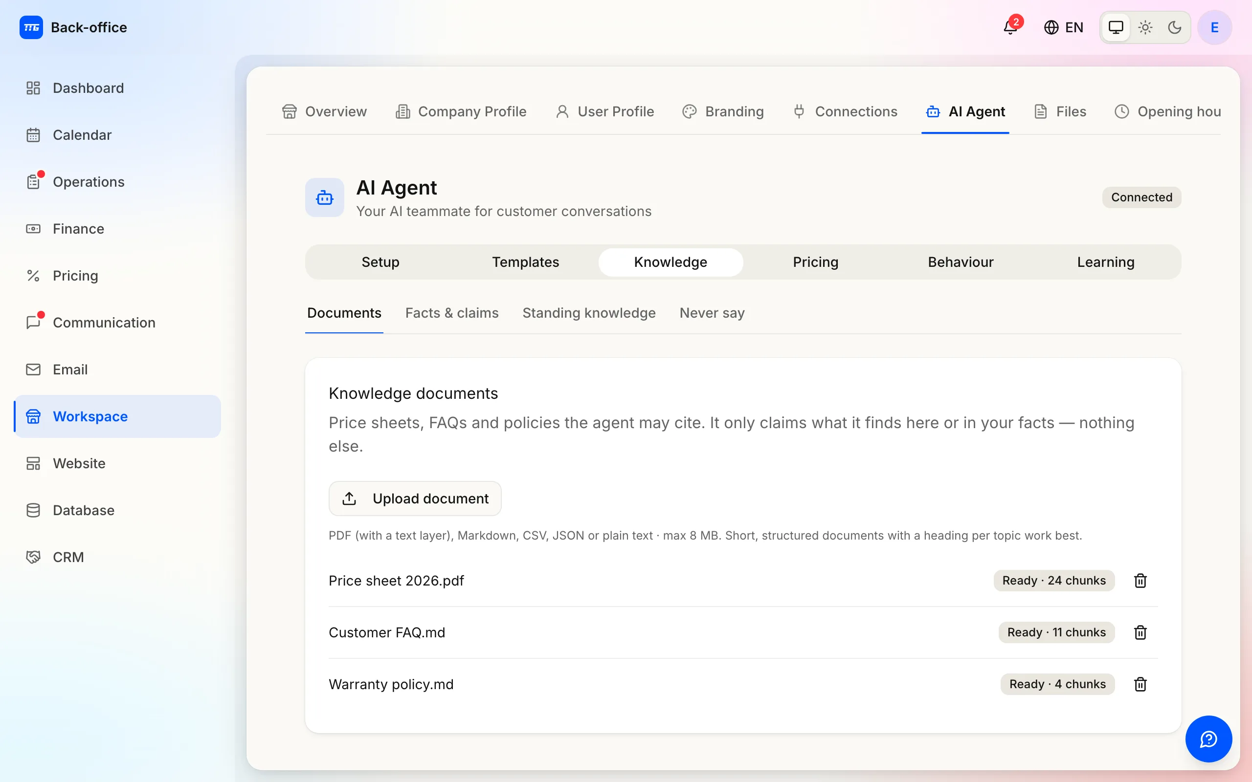 The agent's knowledge documents: what it may quote from, with the indexing status of each file.