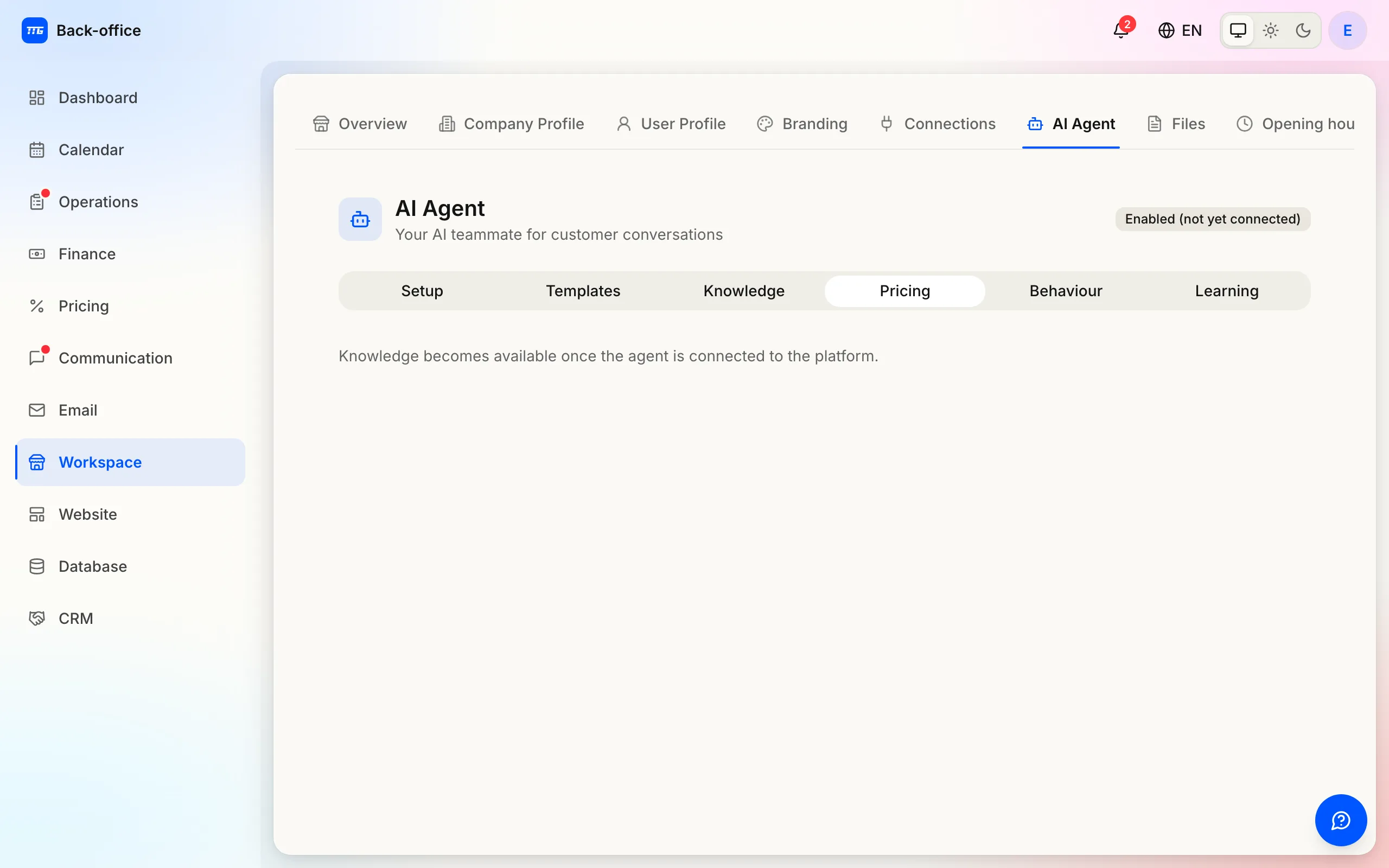 The agent's Pricing tab: what the assistant may say about prices and when it must hand off.