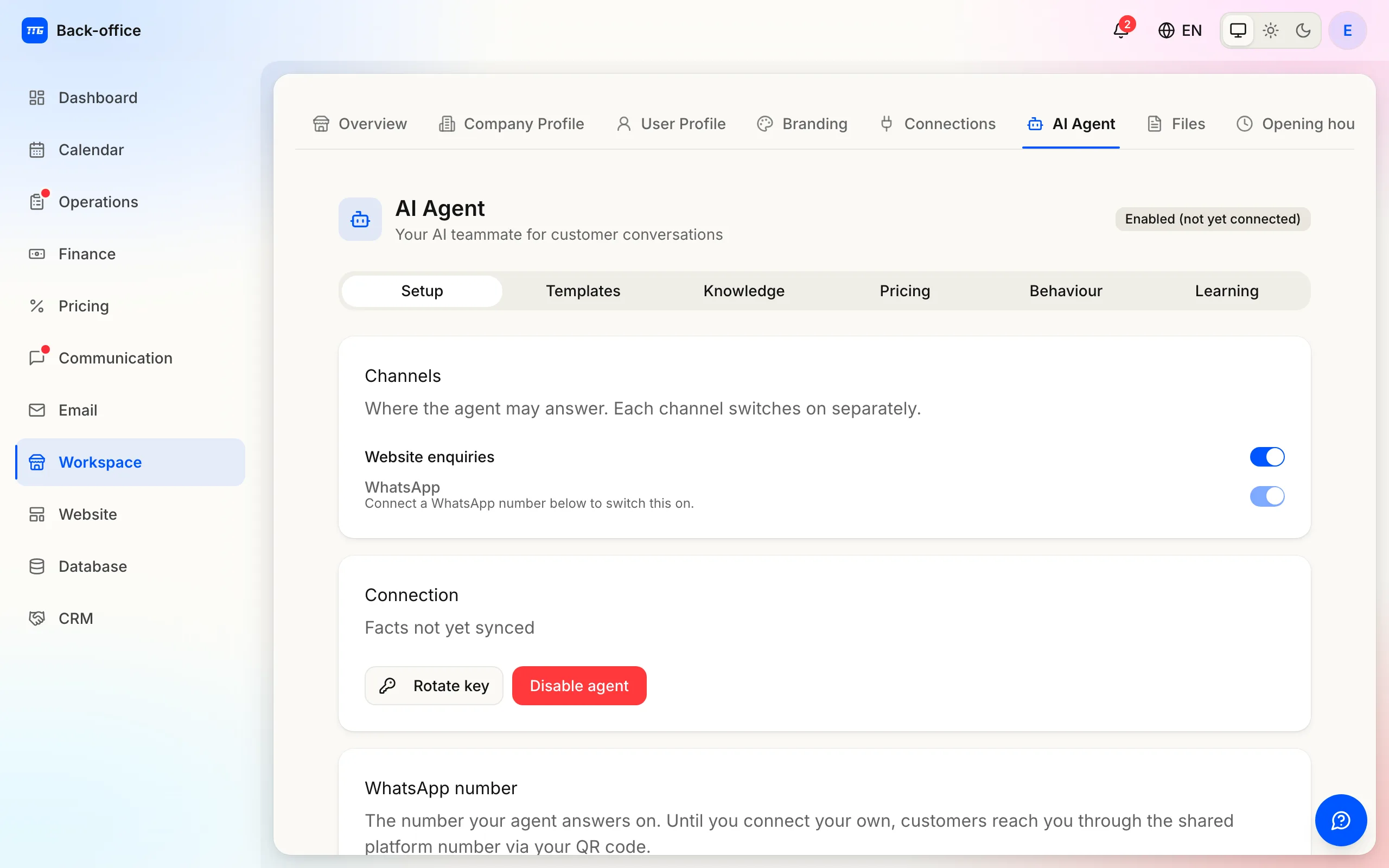The agent's Setup tab: connection status, the connector key, and a switch per channel it may answer on.