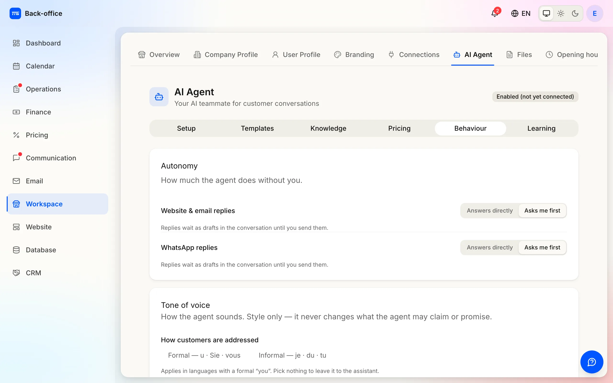 Tone of voice: how customers are addressed, four tones, and a sample reply for the tone selected.