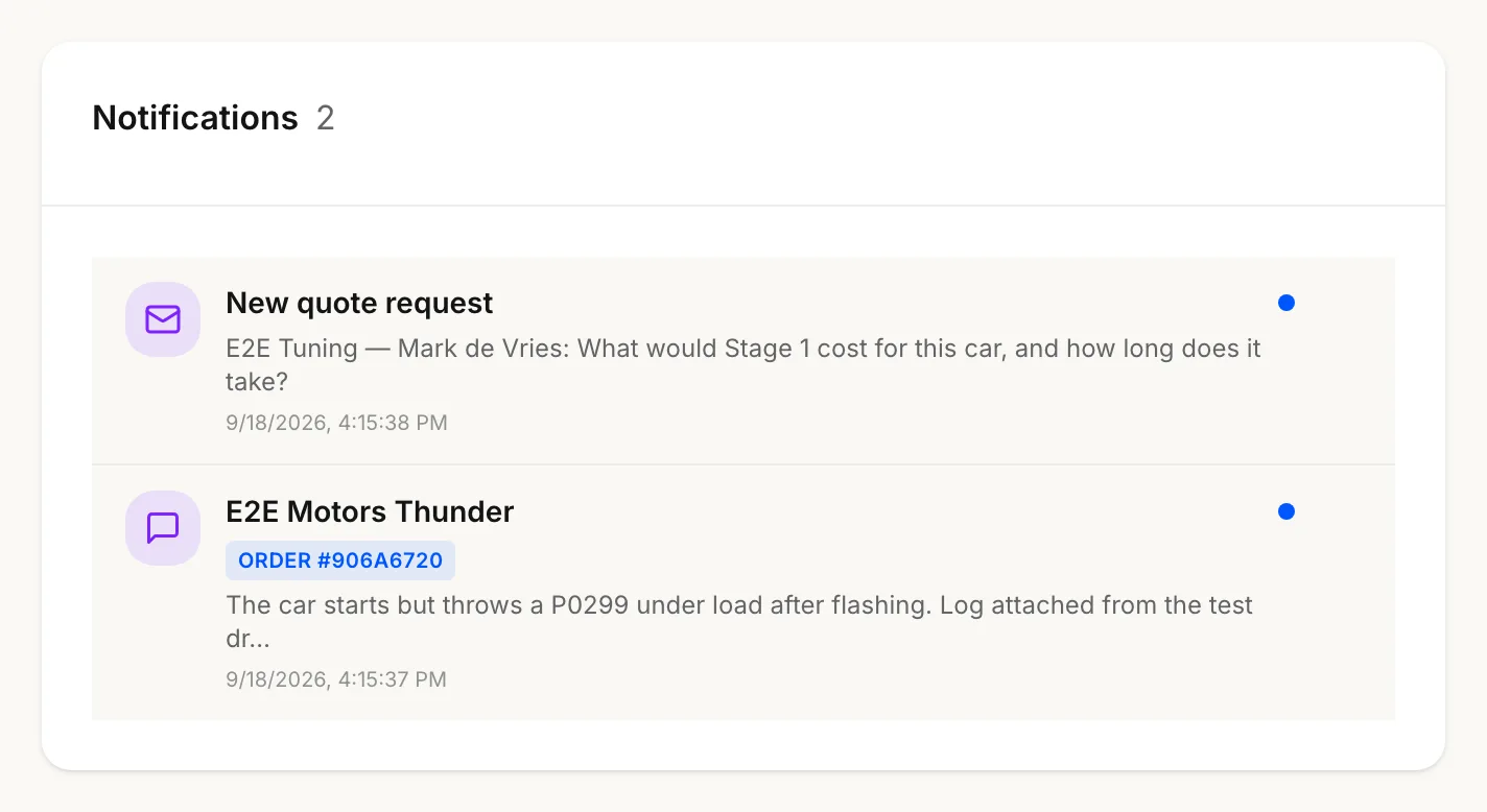 The notifications list: unread rows with a tint, a dot, a type icon, a reference, the message and a timestamp.