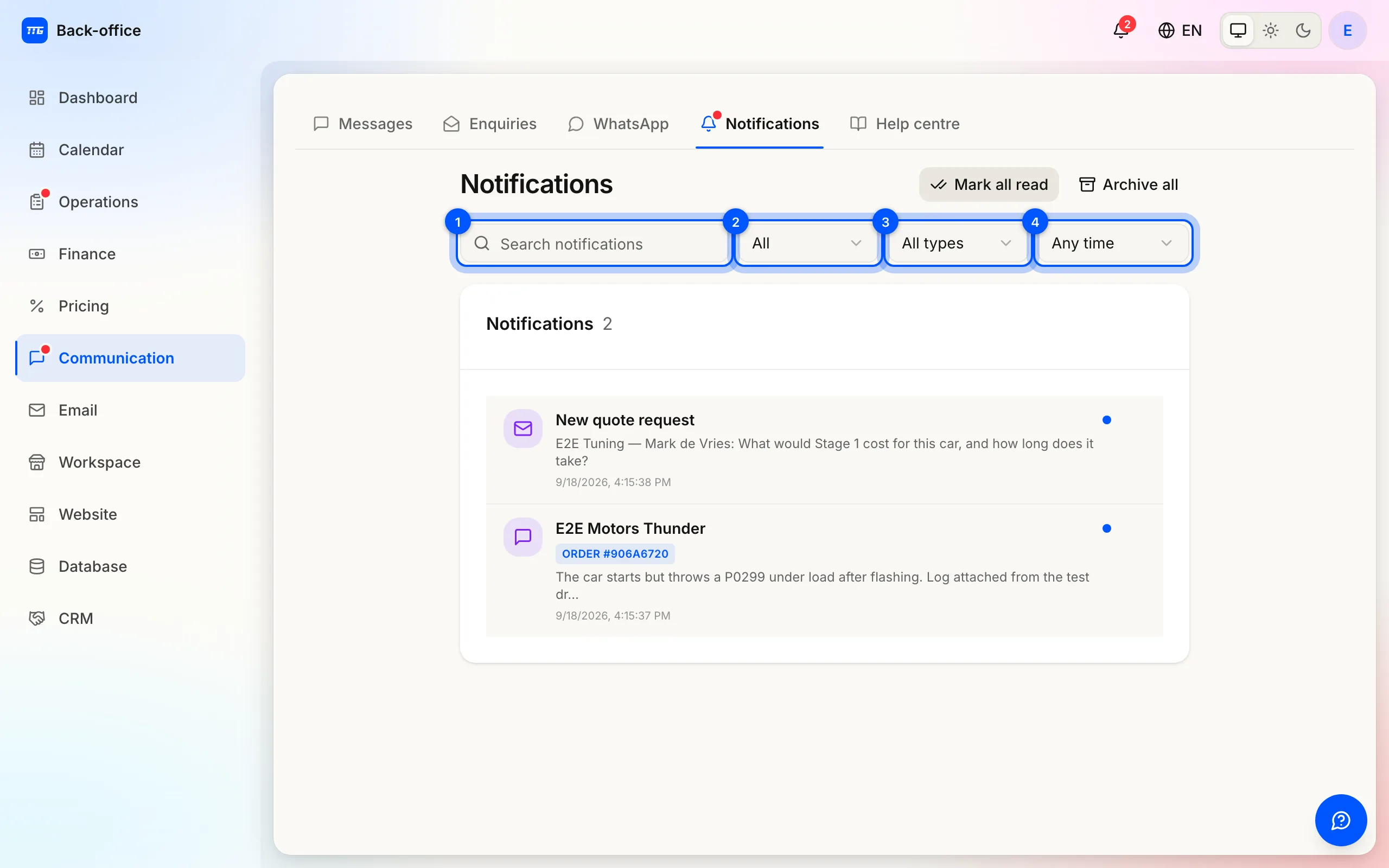 The four controls above the notifications feed numbered in order: search, status, type and date, with Mark all read and Archive all above.