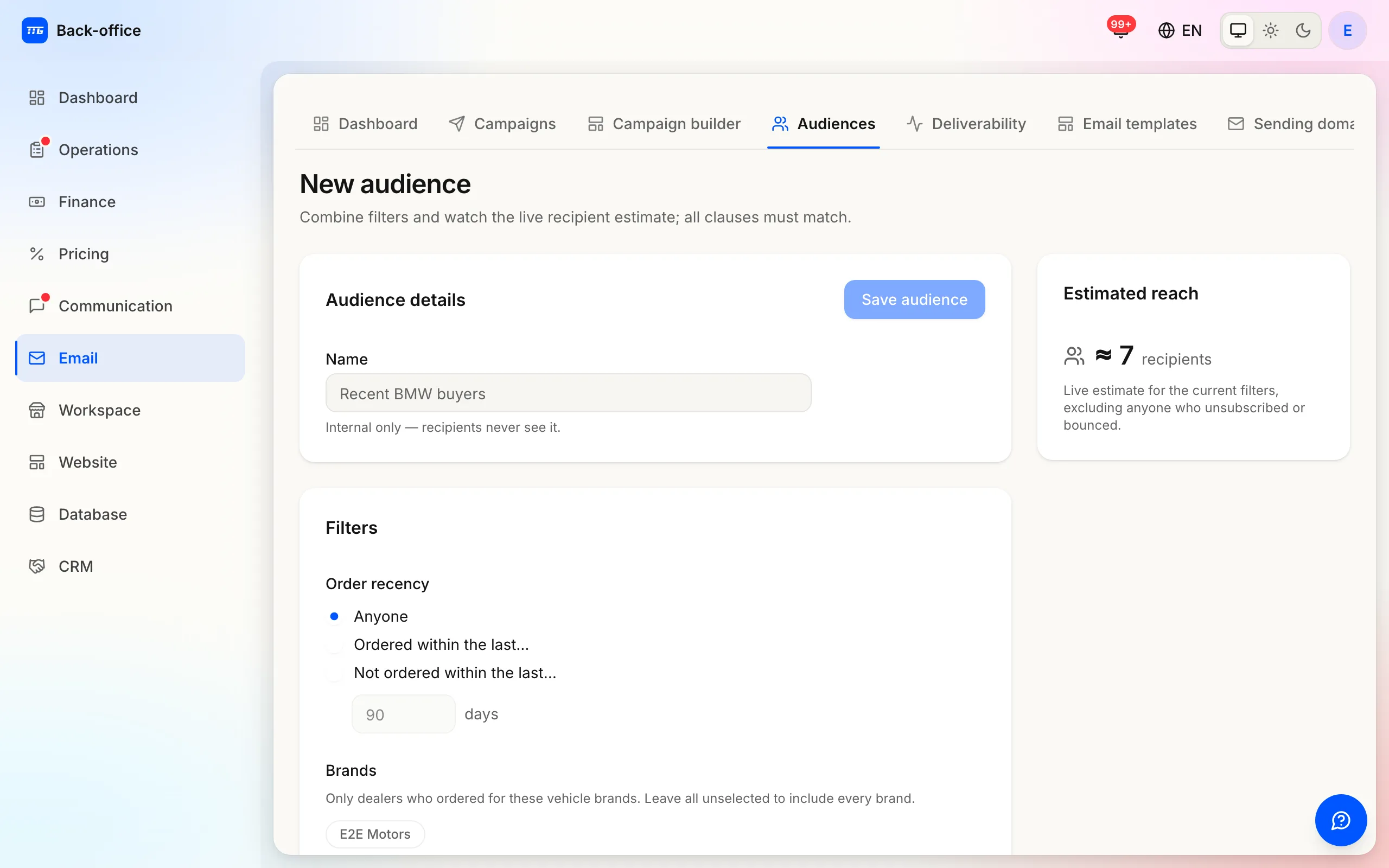 Building an audience: order-recency and brand filters on the left, a live recipient estimate on the right.