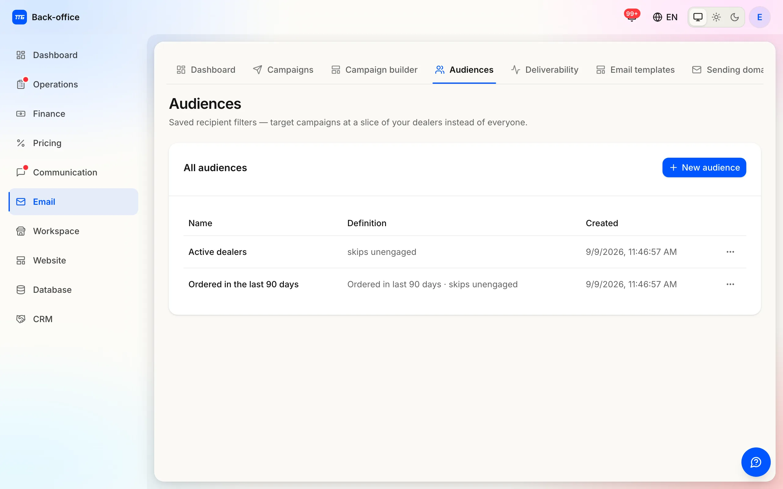 The Audiences page where saved recipient segments are defined and counted.