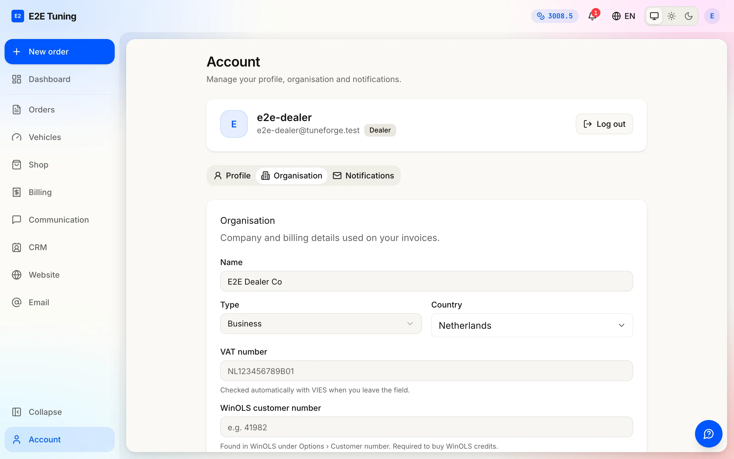 The Account page with company details, billing country and currency.