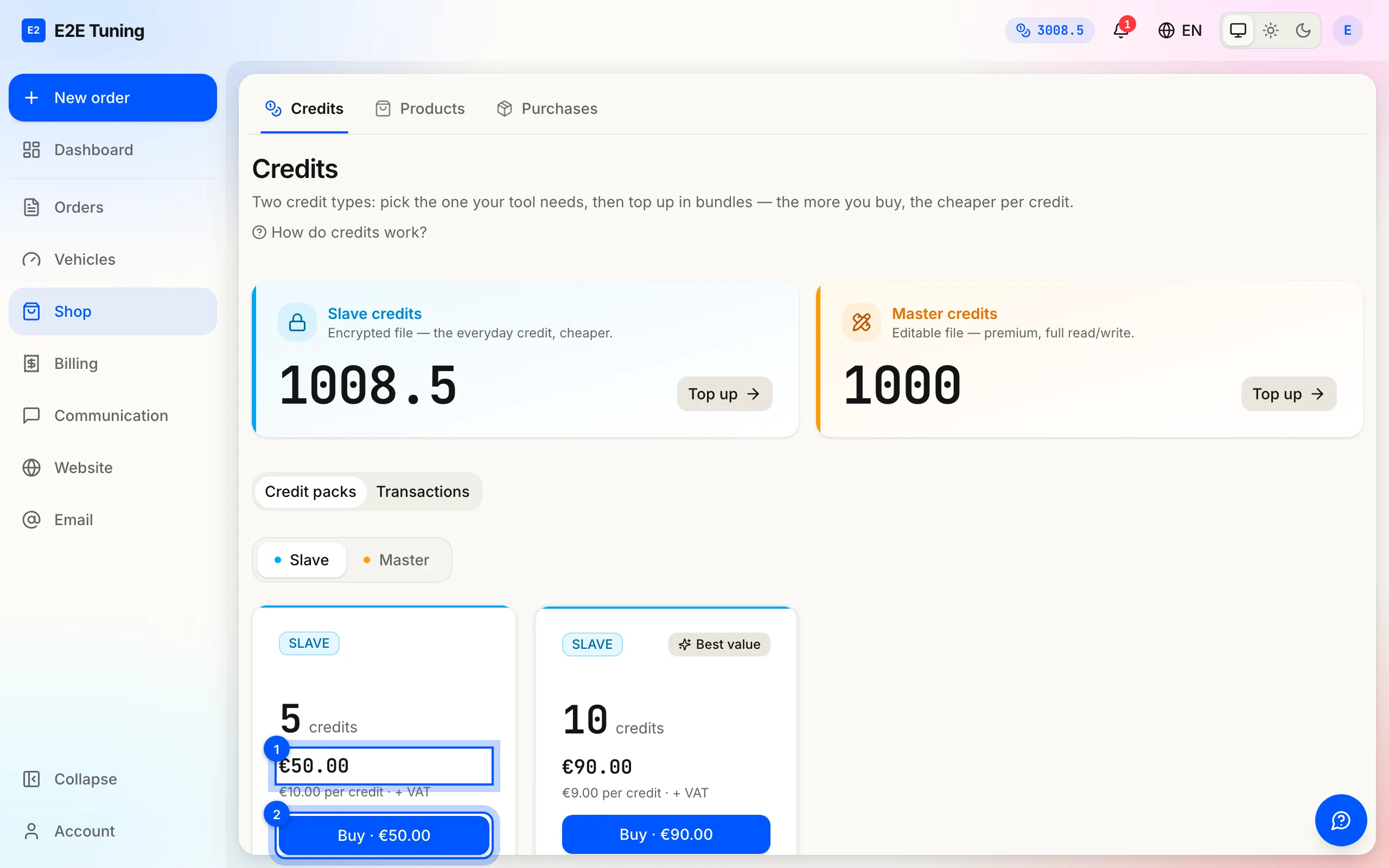 Credit bundles priced side by side: the total for each bundle, the per-credit price under it, and the Buy button.