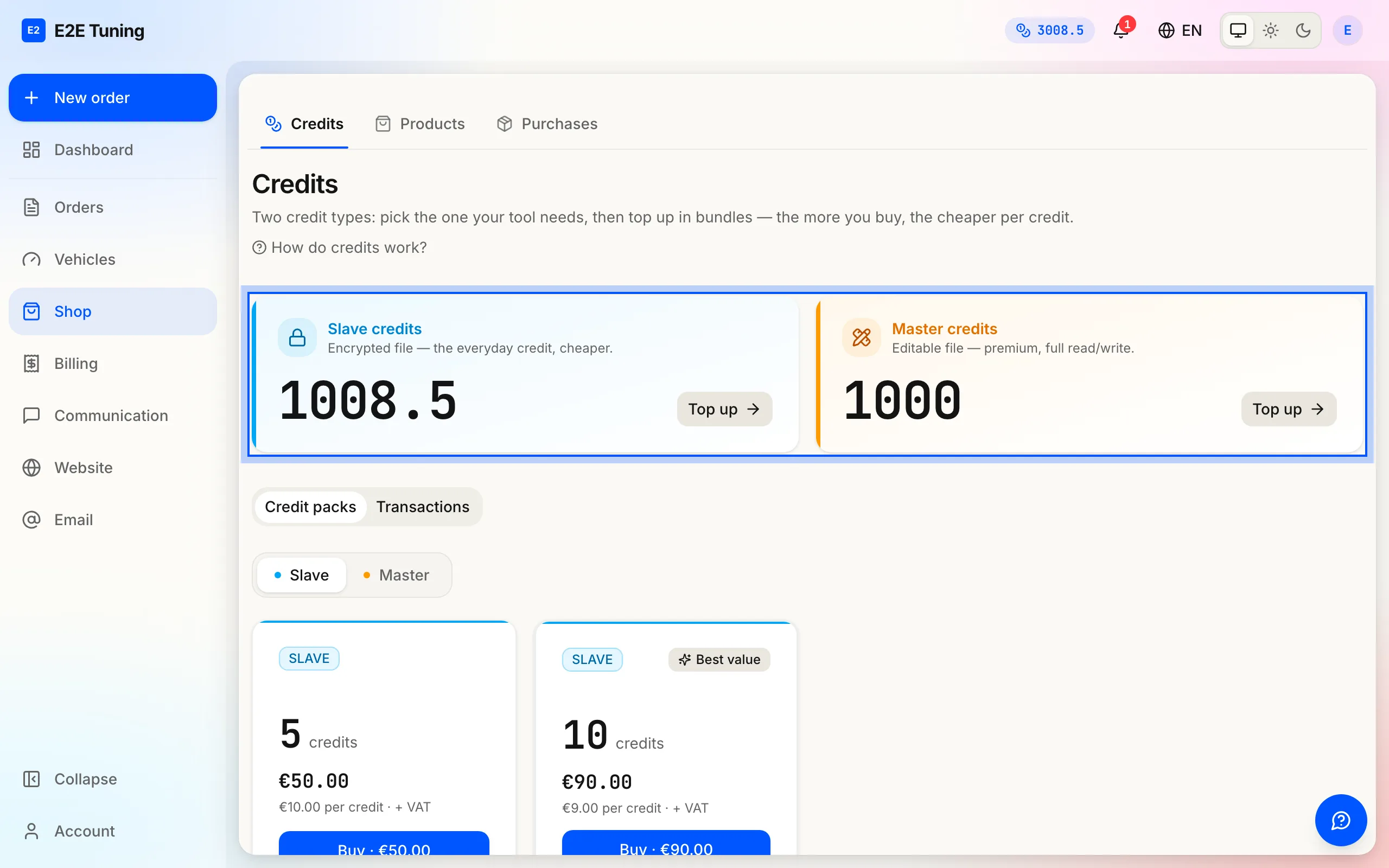The Credits page with the balance cards for slave and master credits.