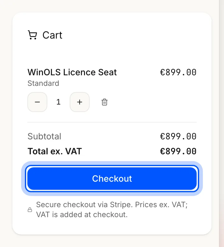 The cart panel with one licence added: the quantity stepper, subtotal, Total ex. VAT and the Checkout button.