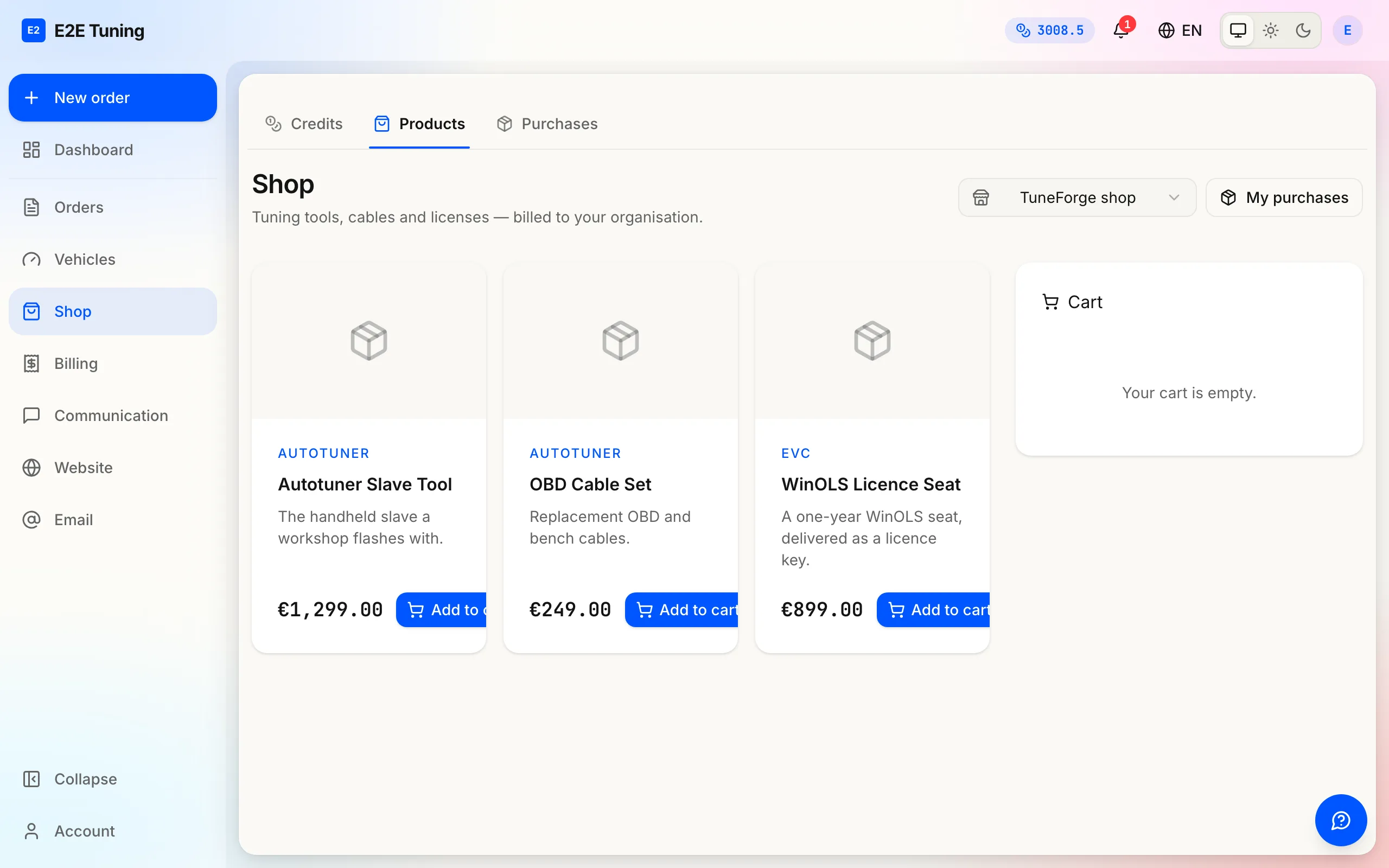The Shop's Products tab: three product cards with brand, name, description and price, and the empty cart panel on the right.