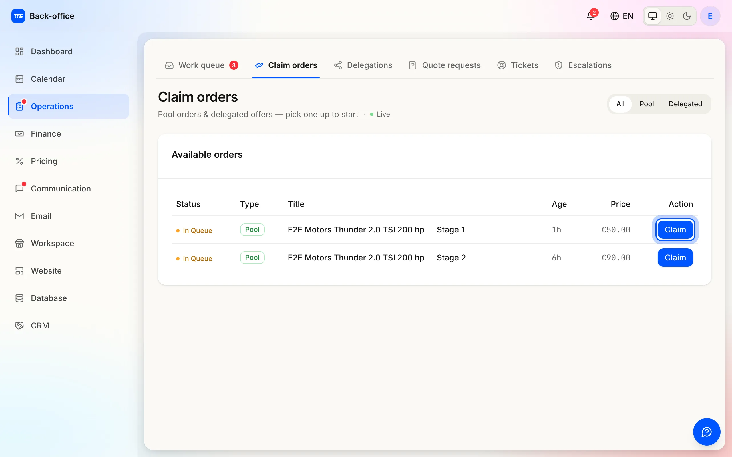 The claim board with the Claim button on a pool order ringed — one click takes the job.