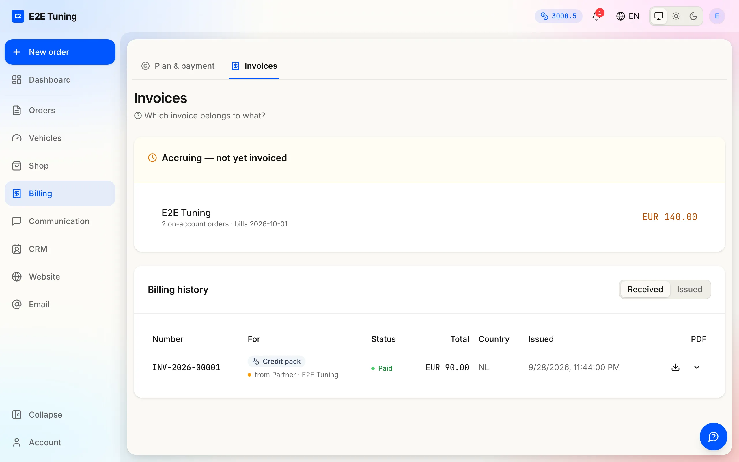 The billing history where corrections appear, showing an invoice's status, total and download control.