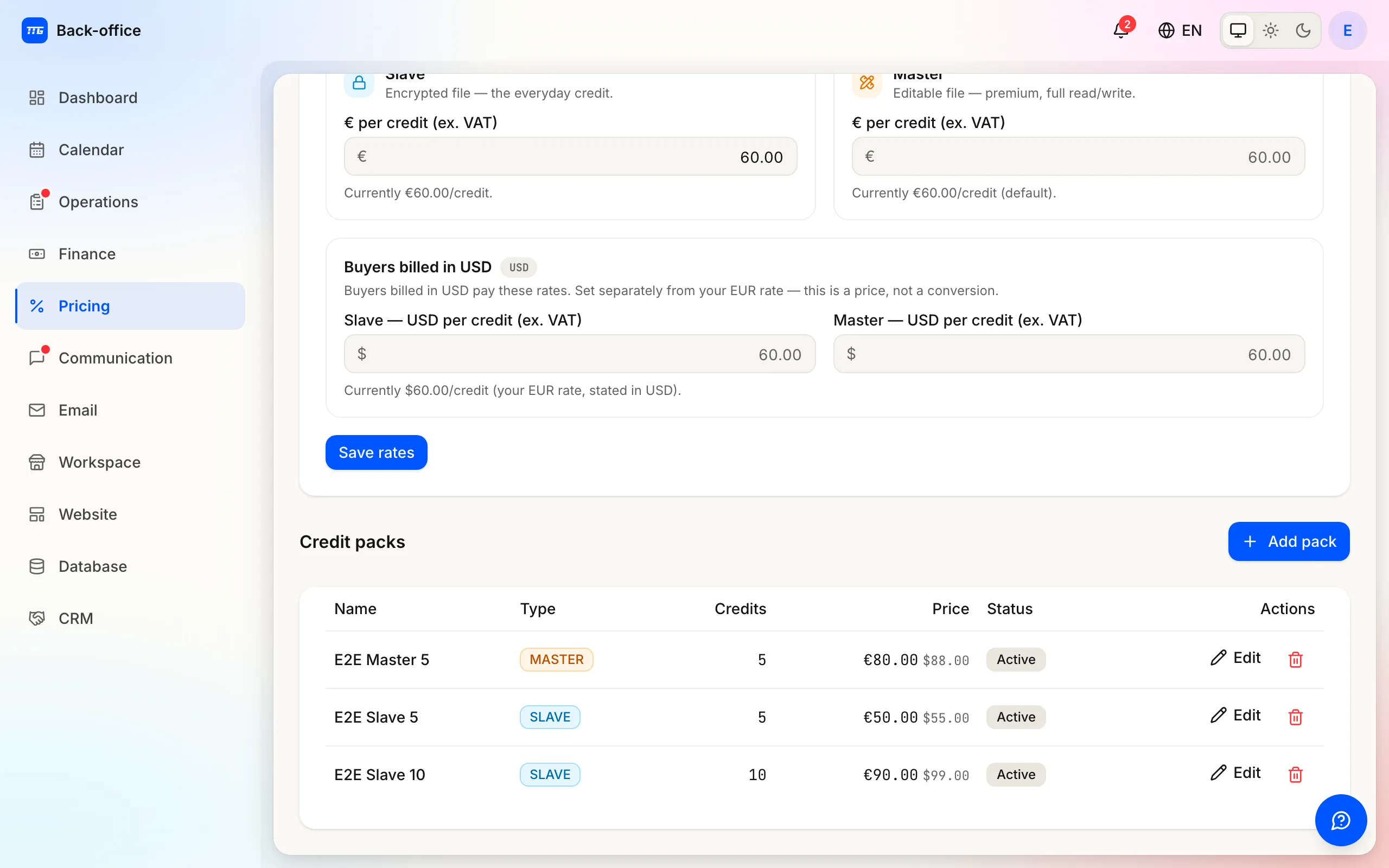 The Credit packs table: the bundles dealers buy, with their size, type and money price.