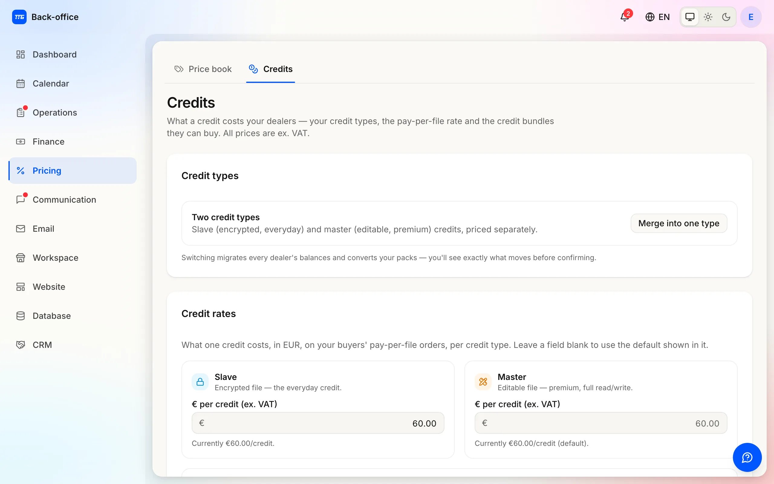 The workspace Credits page: your credit types and what one credit costs dealers on pay-per-file orders.