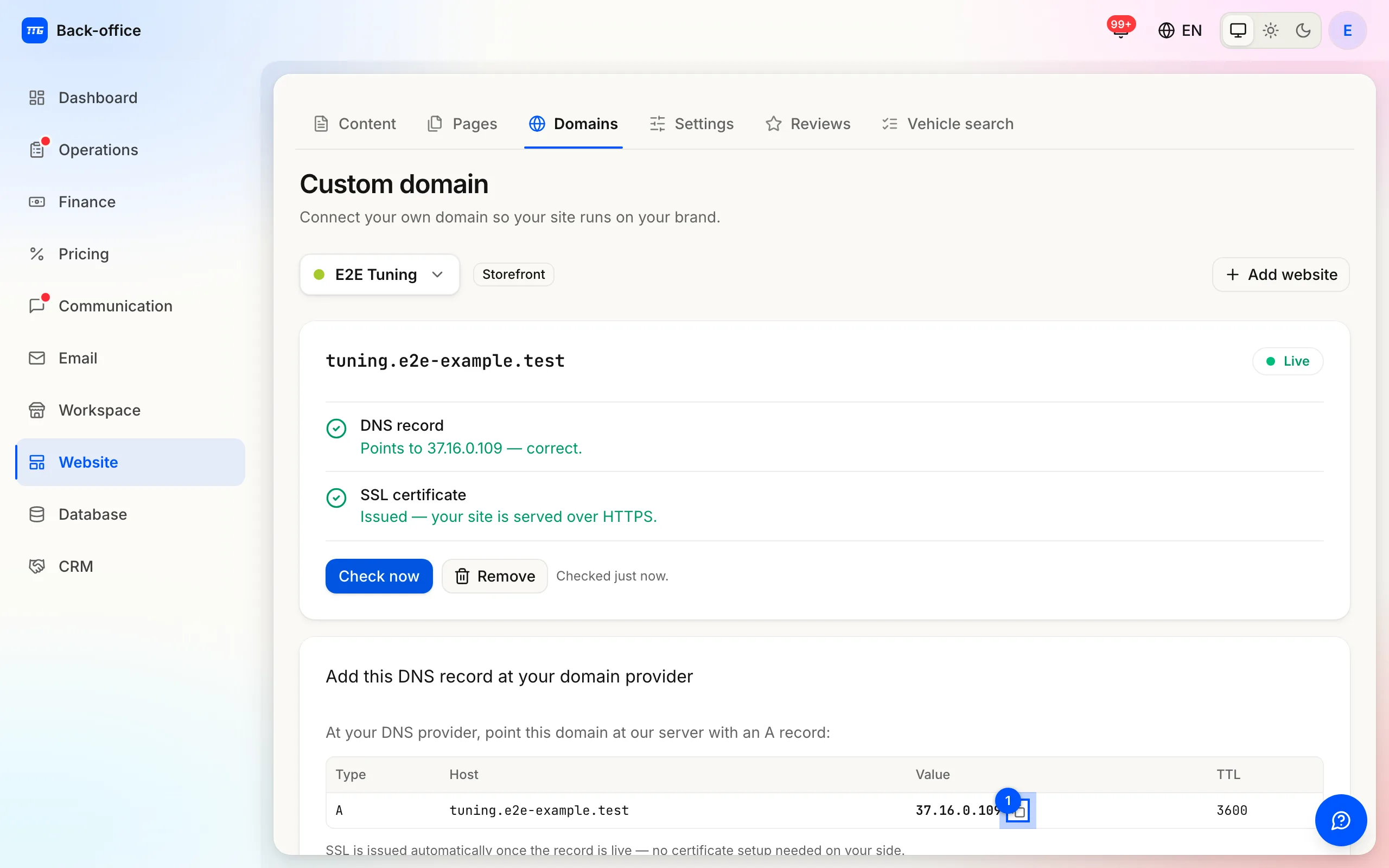 A connected domain with its A record: type, host, value and TTL, plus the DNS and certificate status.