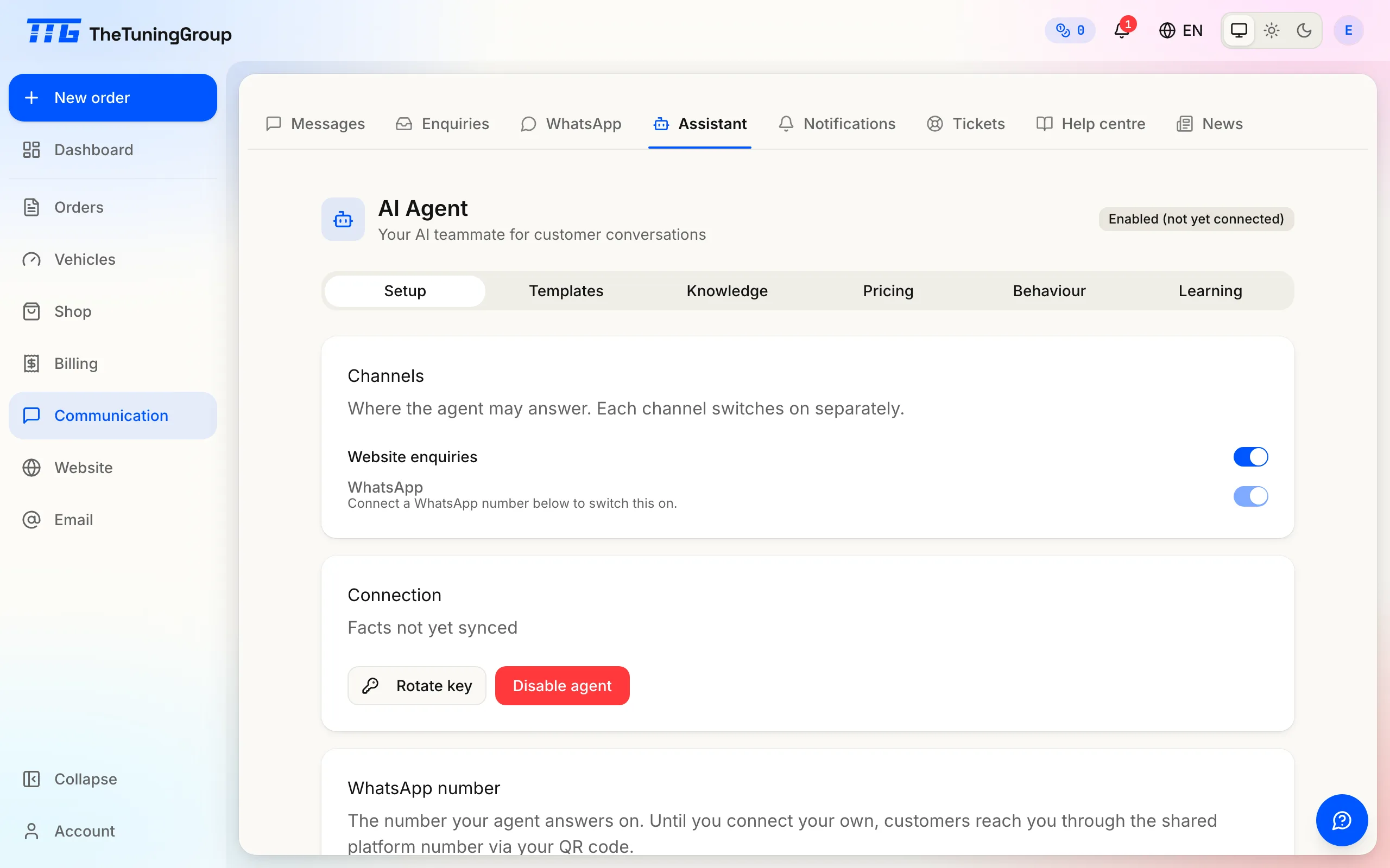 The website assistant page: the enable switch and the assistant's configuration.