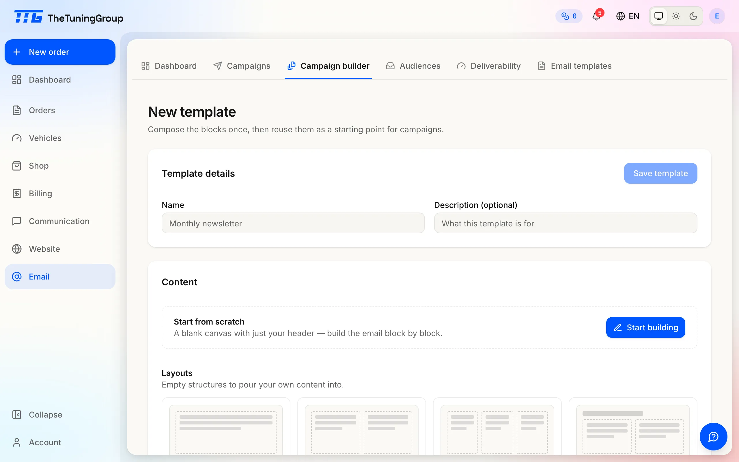 A new template: the Name and Description fields with Save template beside them, above the blank-canvas and Layouts starting points.