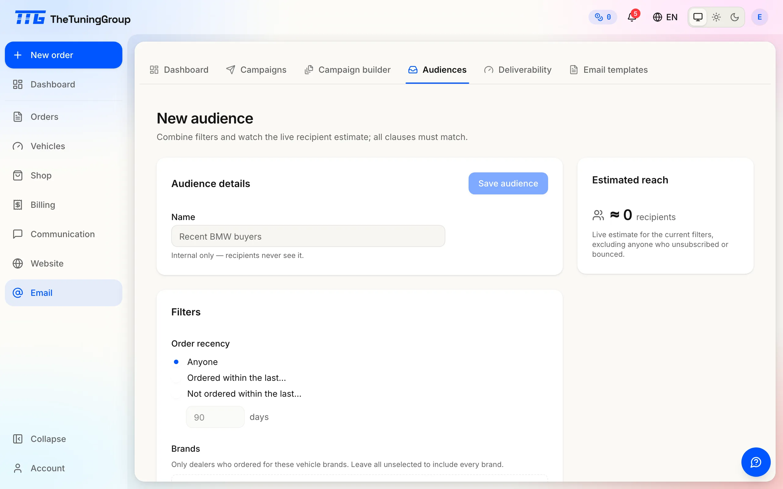 The New audience page: the internal name field and the Order recency filter, with the live Estimated reach card beside them.