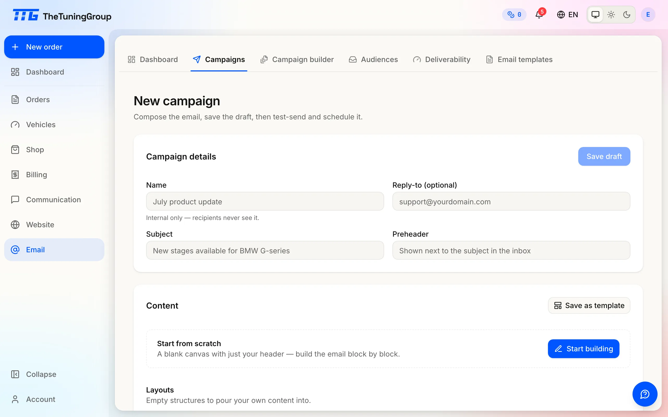 A new campaign: the internal Name, Reply-to, Subject and Preheader fields, above the starting-point panel's Start from scratch option.