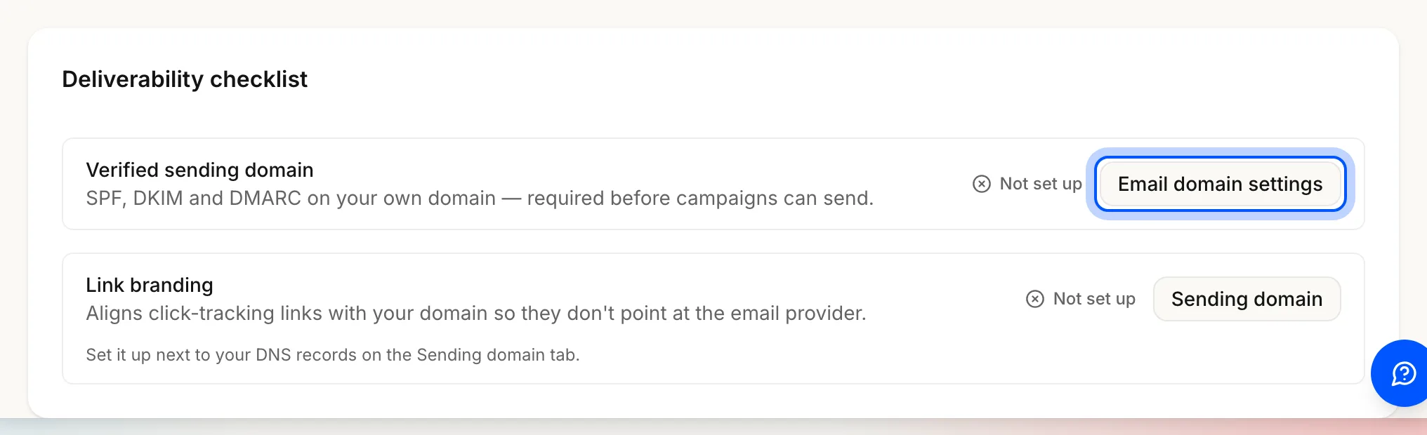 The deliverability checklist with Verified sending domain and Link branding both Not set up, and the Email domain settings button ringed.