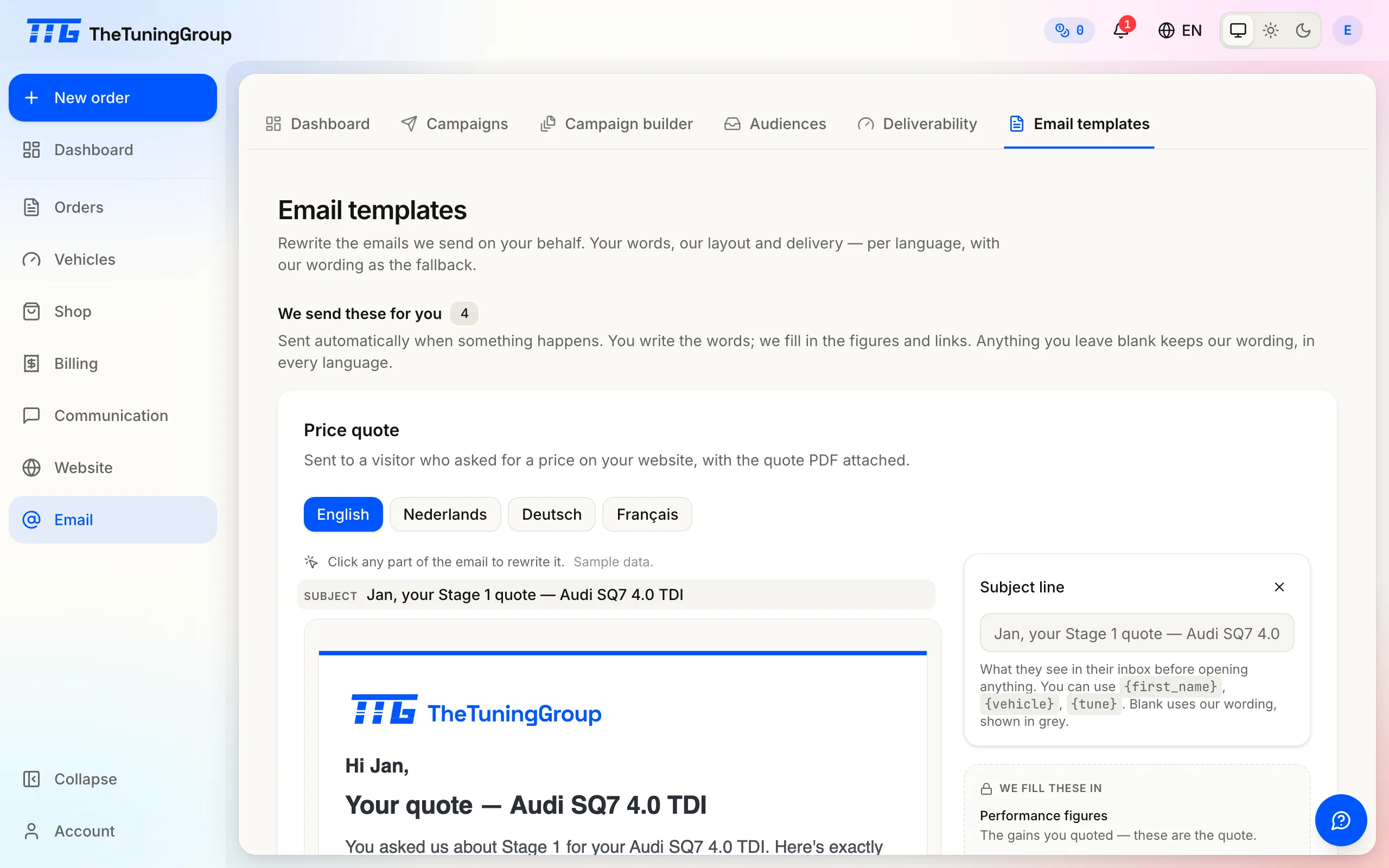 The Price quote email rendered with sample data, its four language buttons above it, and the subject line open for rewriting on the right.