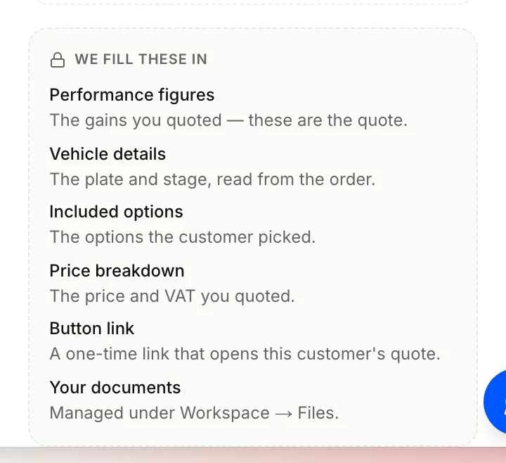 The We fill these in list: performance figures, vehicle details, included options, price breakdown, button link and your documents.