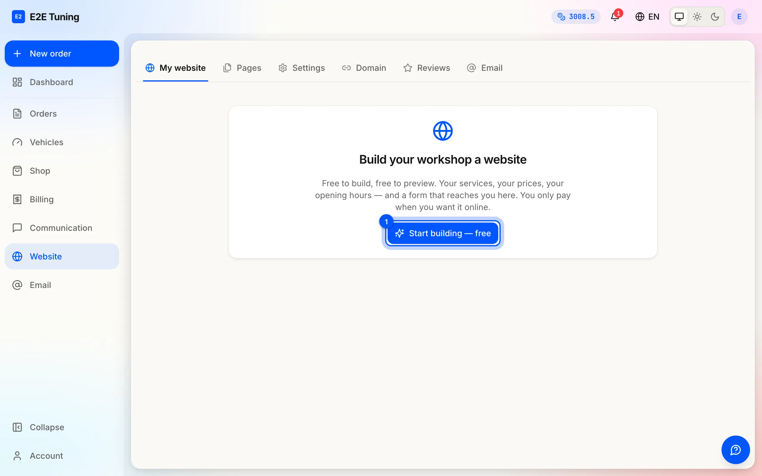 The dealer Website page: one button opens a free site you can build and preview before paying anything.