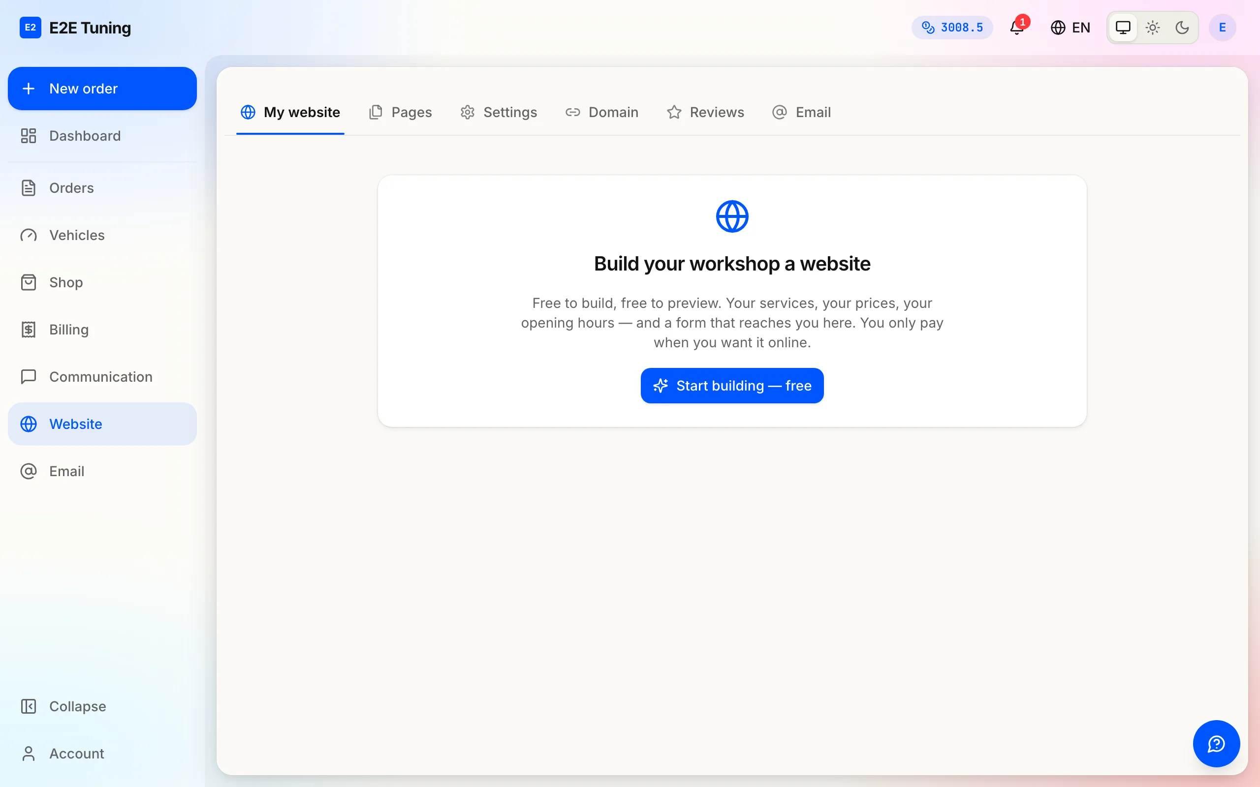 The dealer Website section explaining what a workshop website includes.