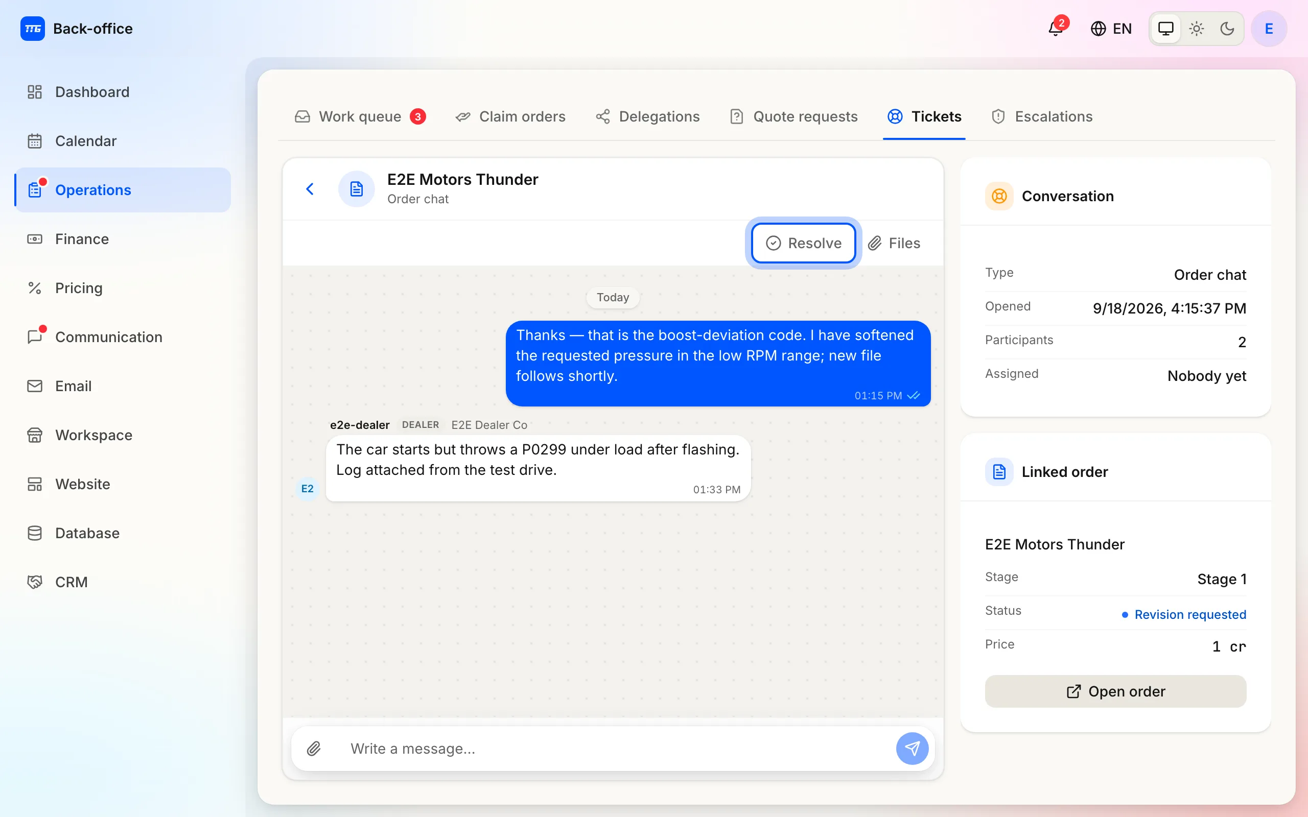 An open dealer request: the message thread with Resolve highlighted, and the Conversation and Linked order cards in the right rail.