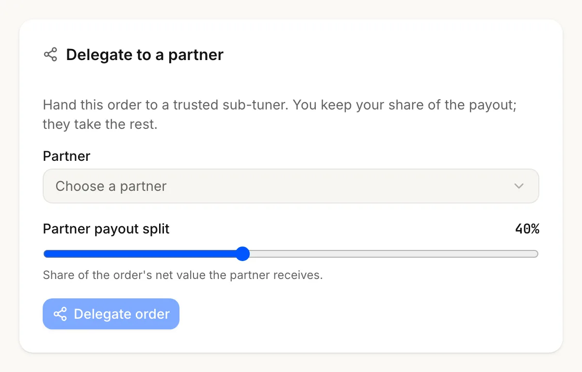 The Delegate to a partner card on an order: pick the partner, set their payout share, offer it.