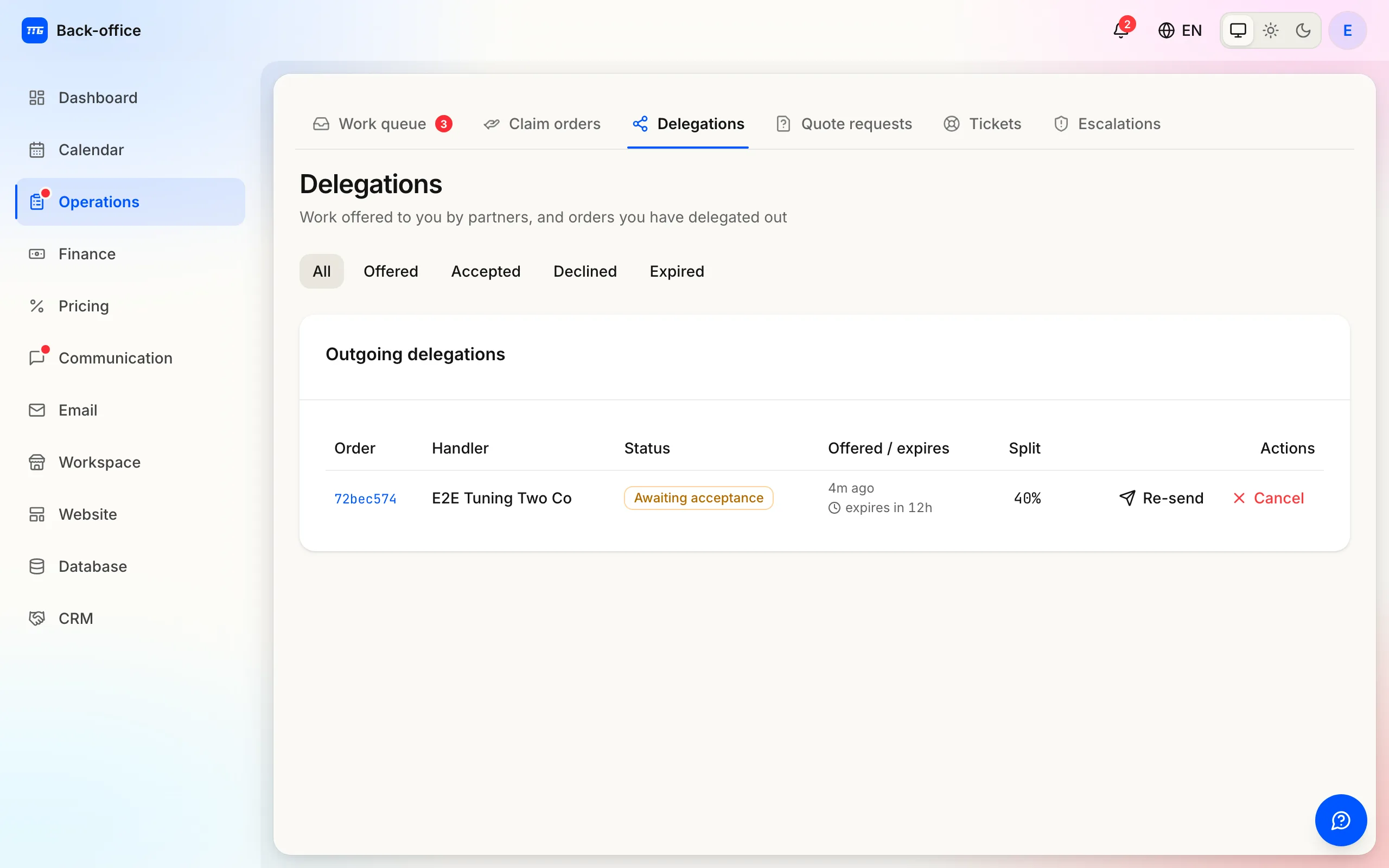The Delegations page listing orders passed to and from partner tuners.