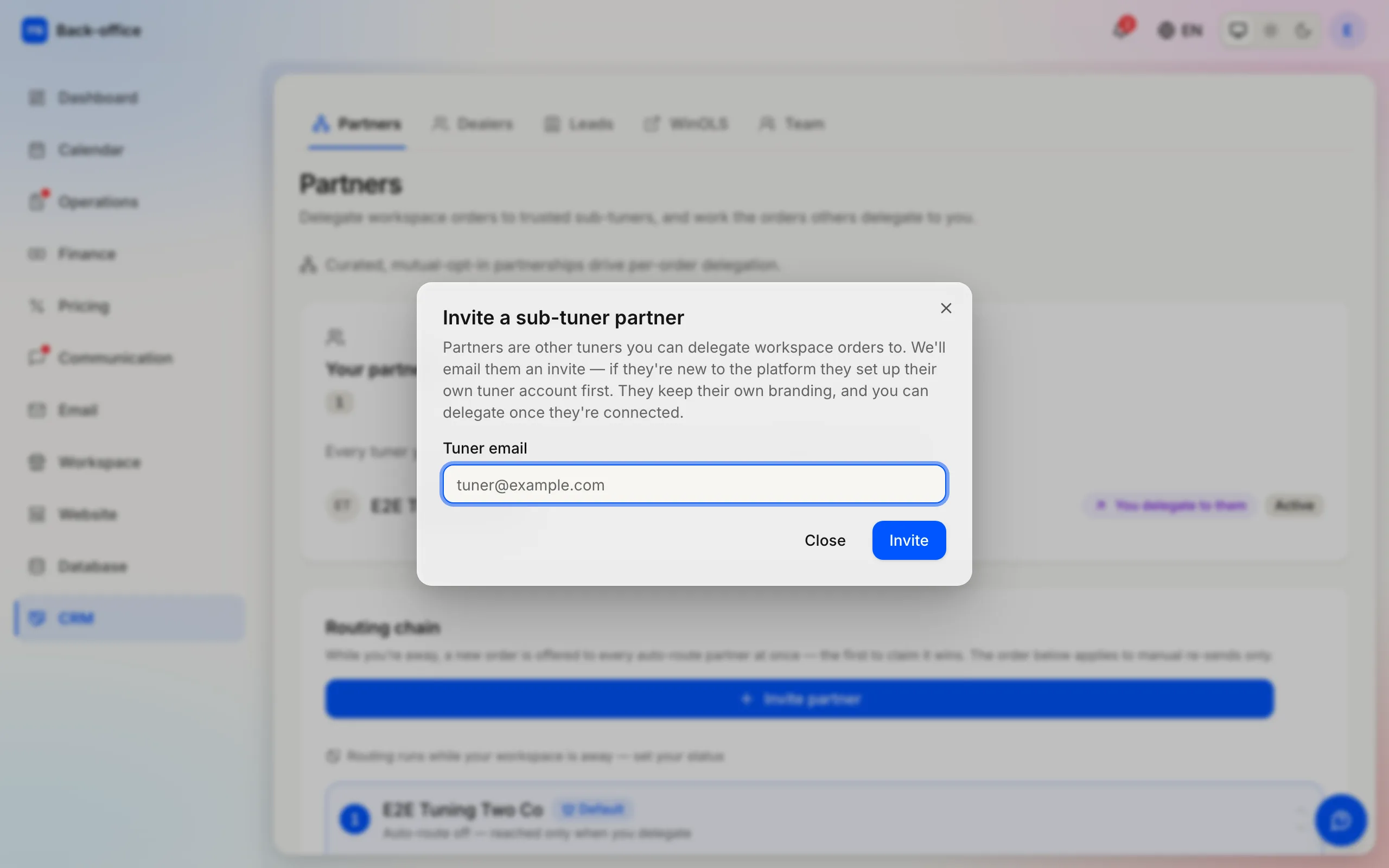The partner invite dialog: one tuner email, and the platform handles new and existing tuners.