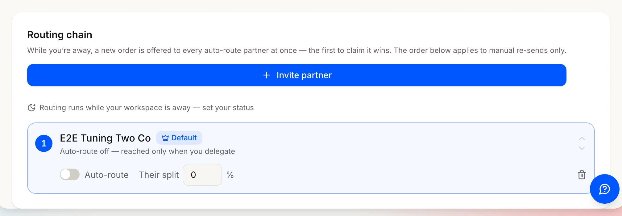 The Partners routing chain: partners in try-order with their auto-route switch and default split.
