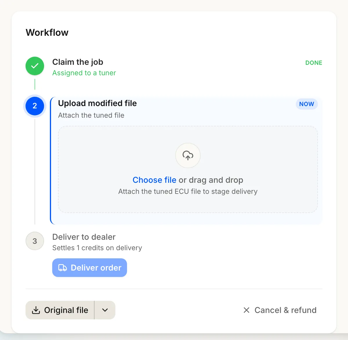The order's Workflow card: claim the job, upload the modified file, deliver to dealer.