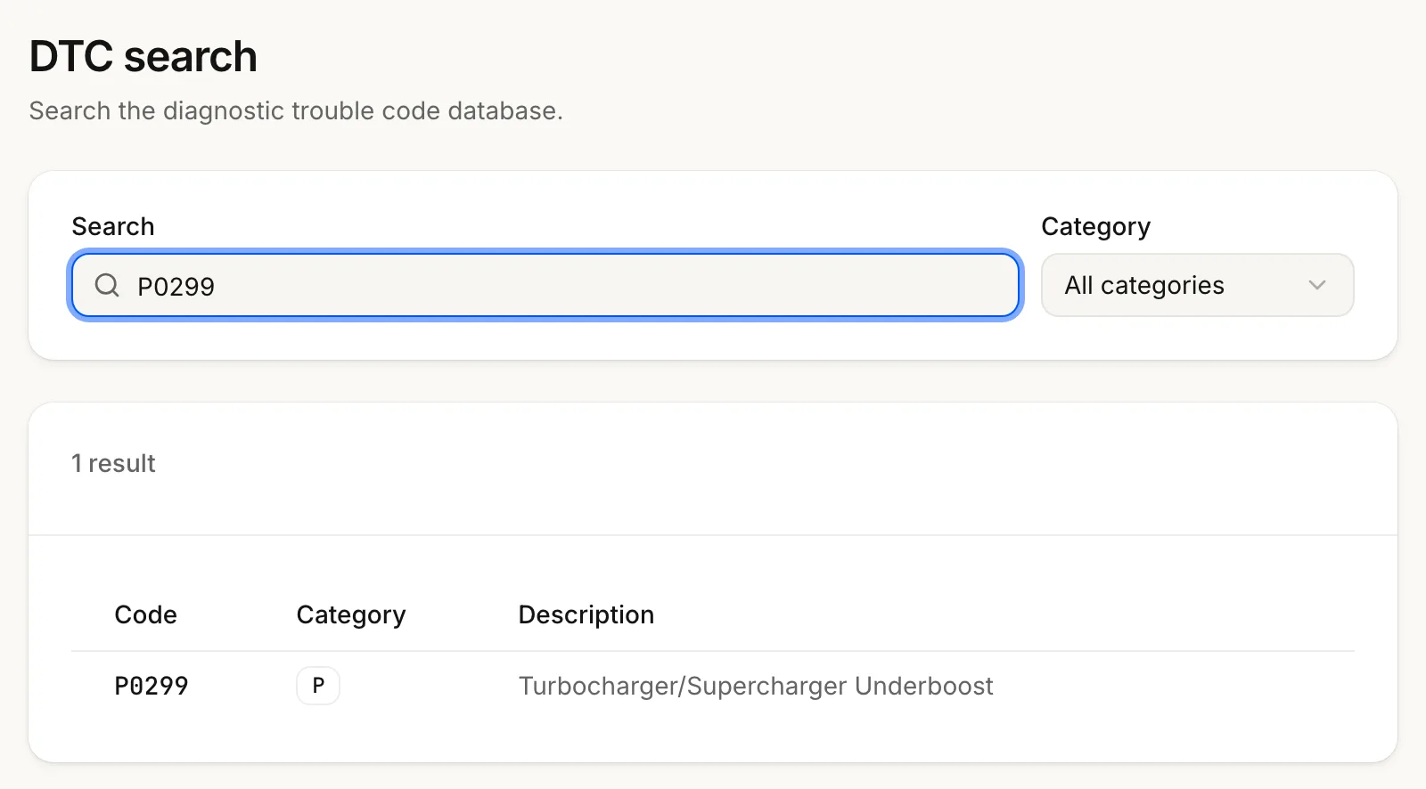 DTC search with P0299 typed into the field: one result, Turbocharger/Supercharger Underboost, in category P.