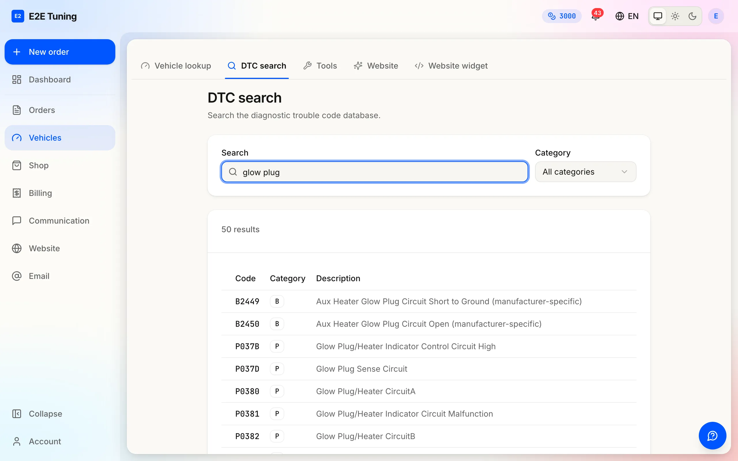 DTC search for the words glow plug: 50 results across the P and B categories, each with its code and description.