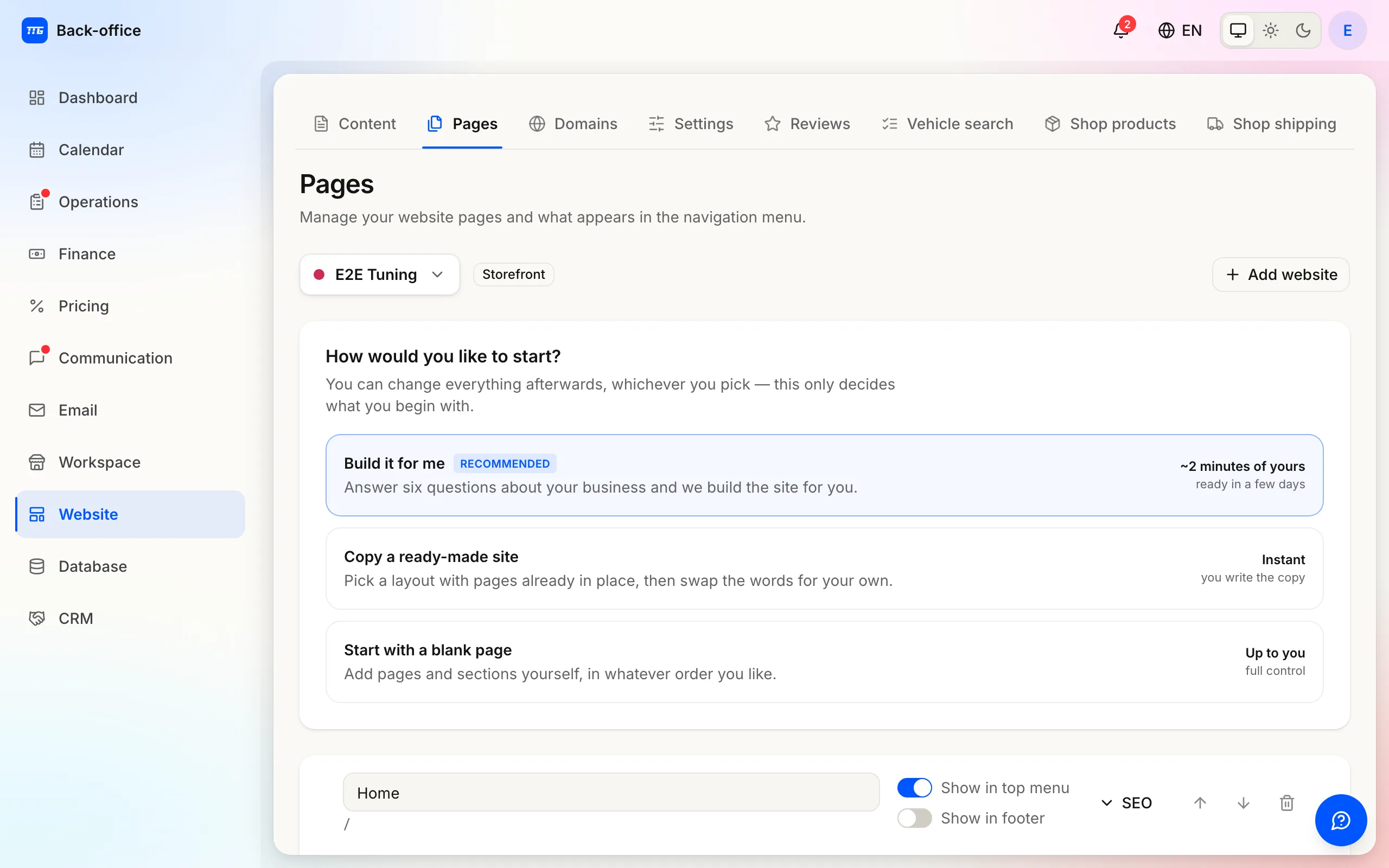 The Pages list of the website builder with each page and its state.
