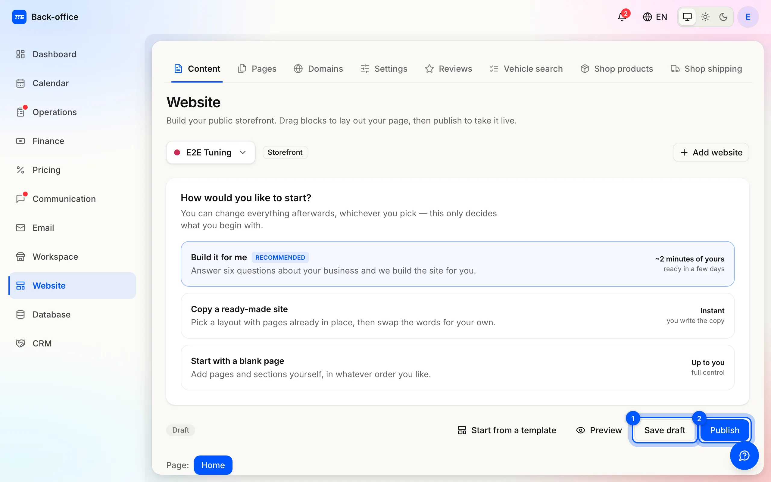 The builder toolbar: a Draft badge with Save draft and Publish beside it.