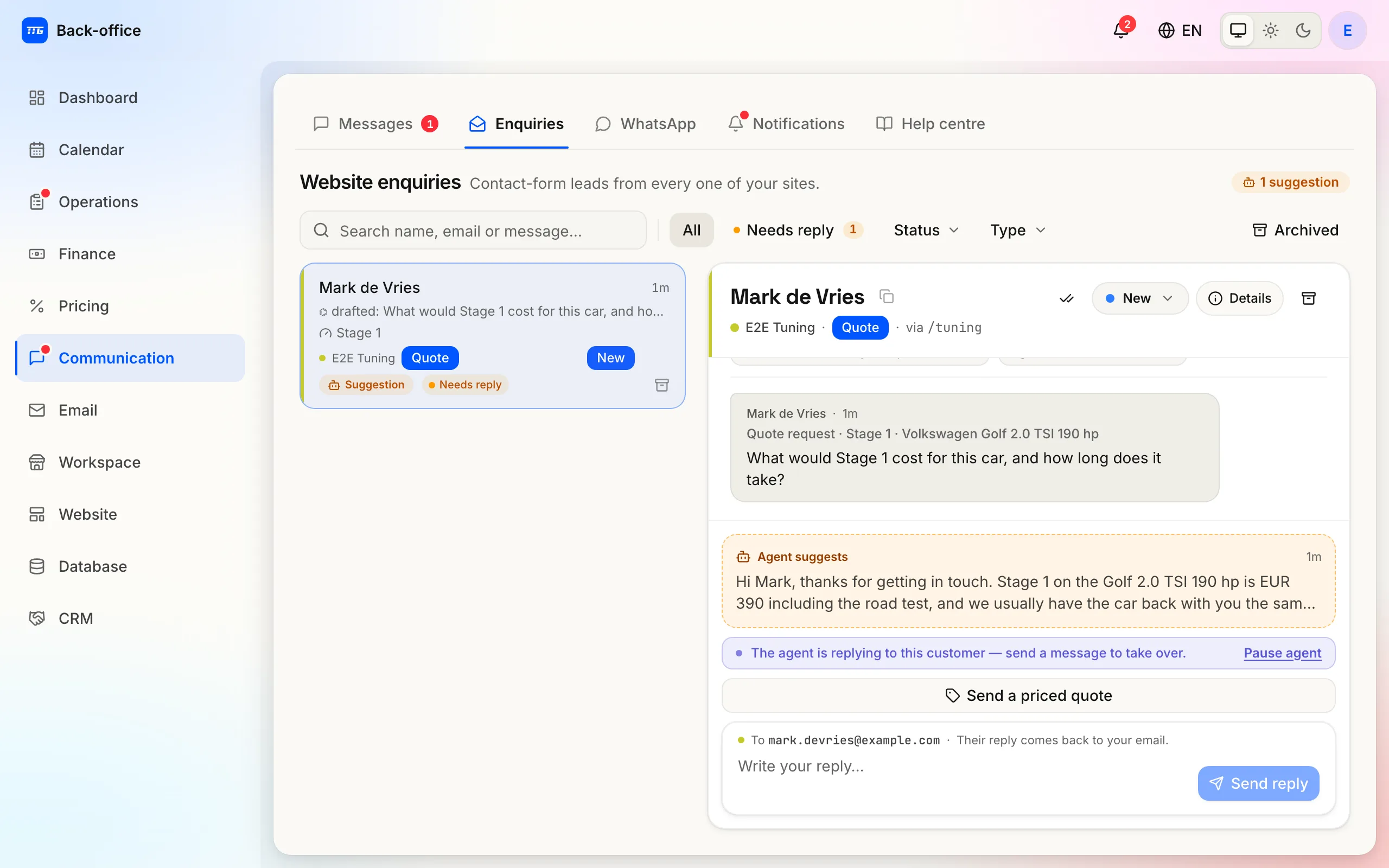 An opened enquiry: the structured quote request with the exact vehicle and stage the visitor picked.