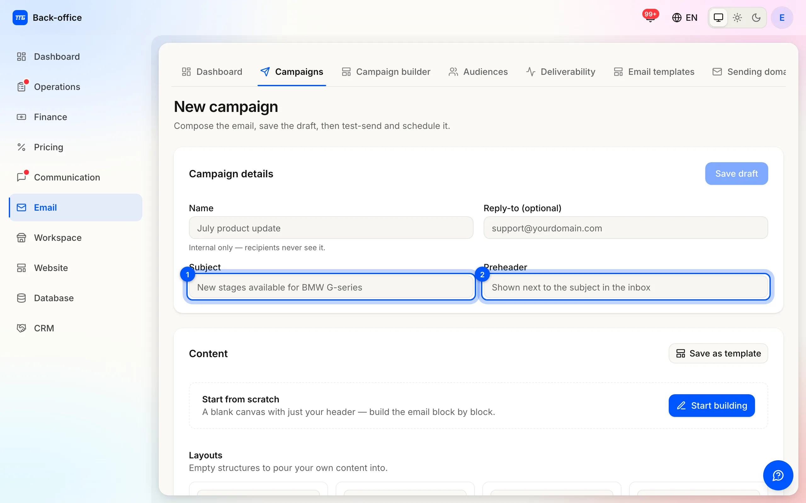 The campaign details card: internal name, reply-to, the subject line and the preview text.
