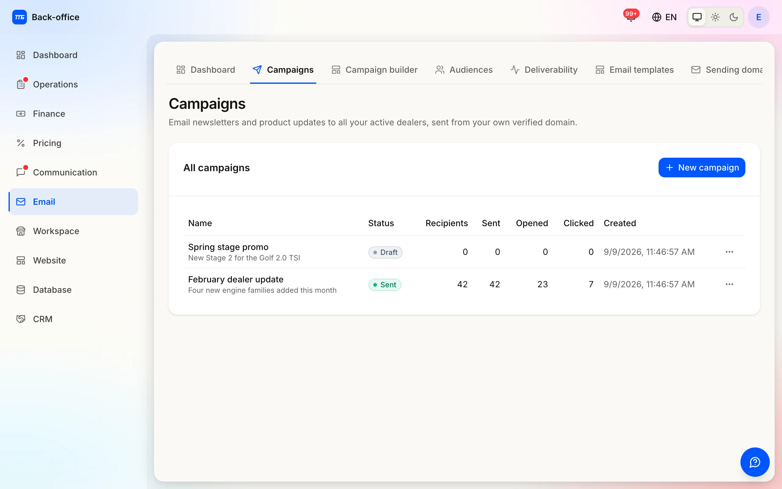 The Campaigns page listing sent and draft campaigns, with the create action.
