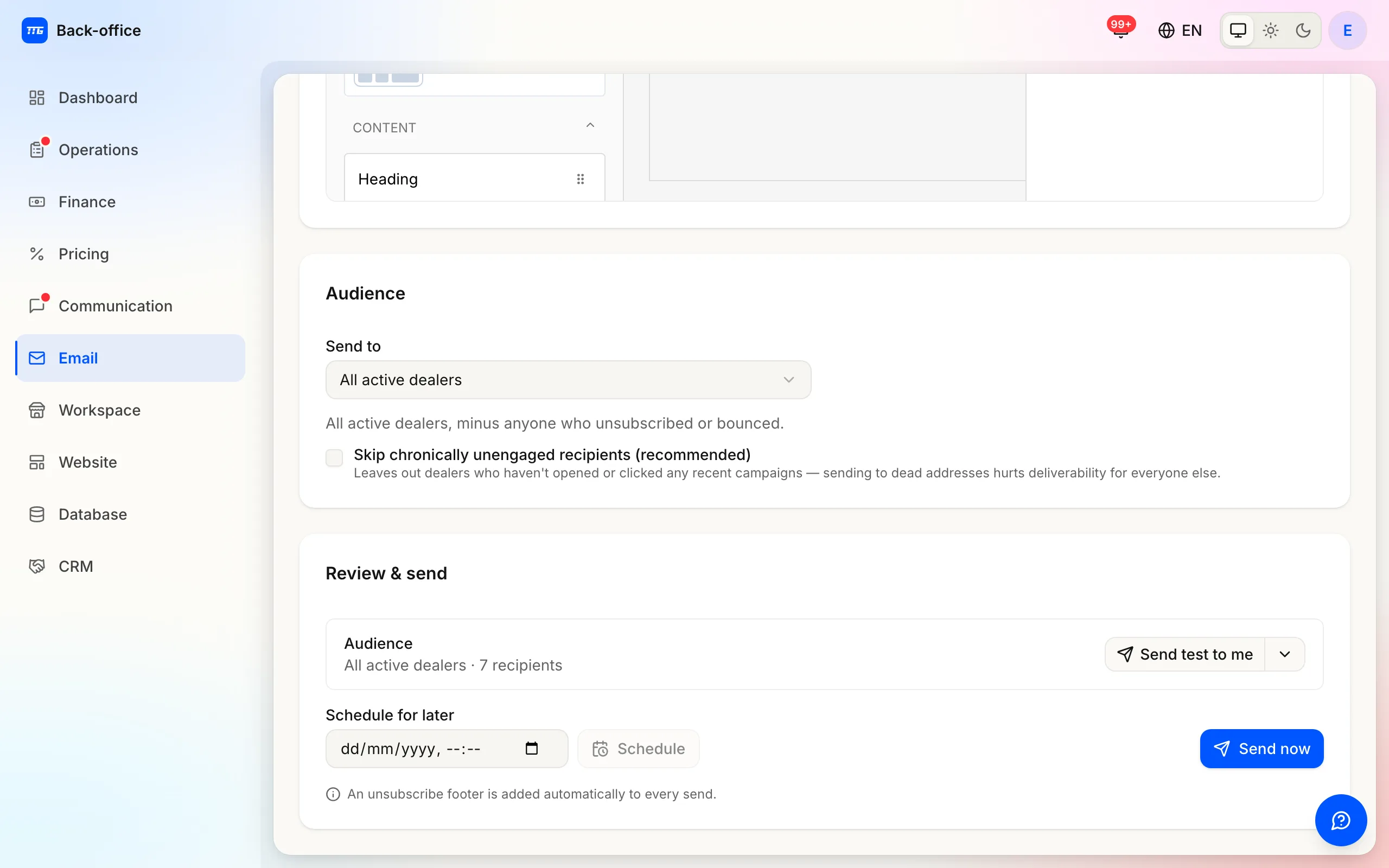 Review and send: the audience with its recipient count, the test-send control, scheduling and Send now.