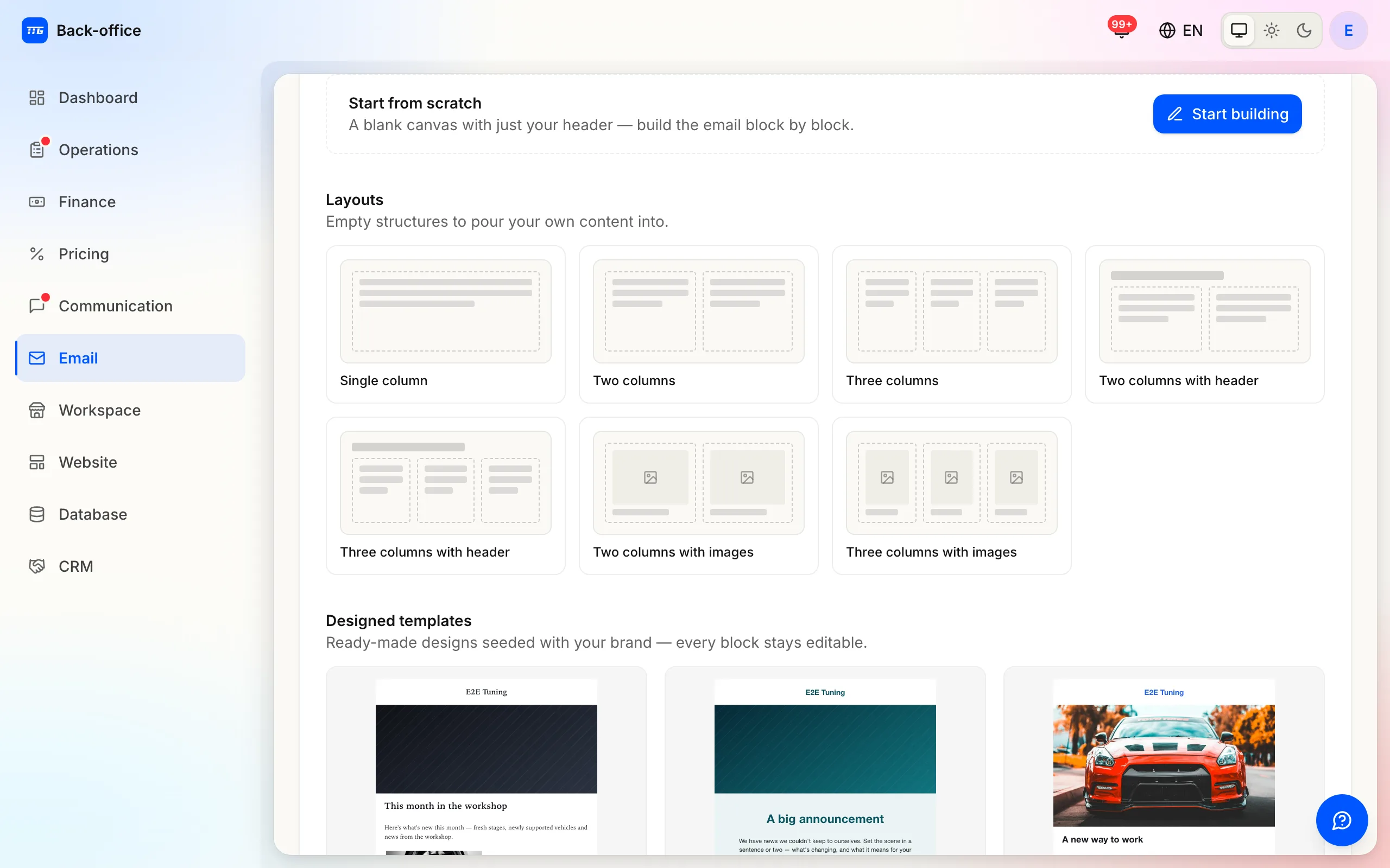 Starting a campaign: blank canvas, layout scaffolds and designed templates already carrying the brand.