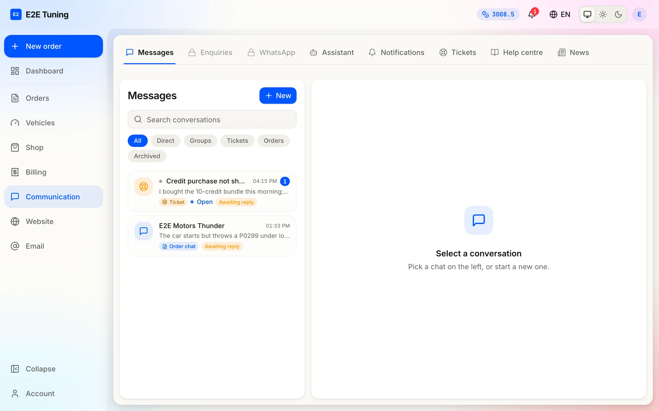 The Messages inbox: order chats, direct messages and tickets in one list, filterable by kind.