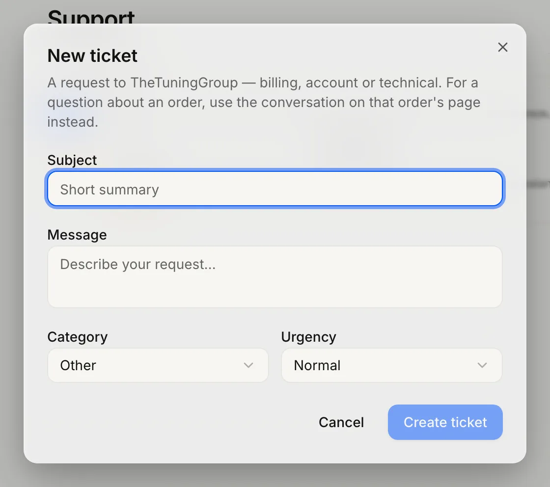 The New ticket form: a subject, the request, a category and an urgency — and the note that order questions belong in the order chat.