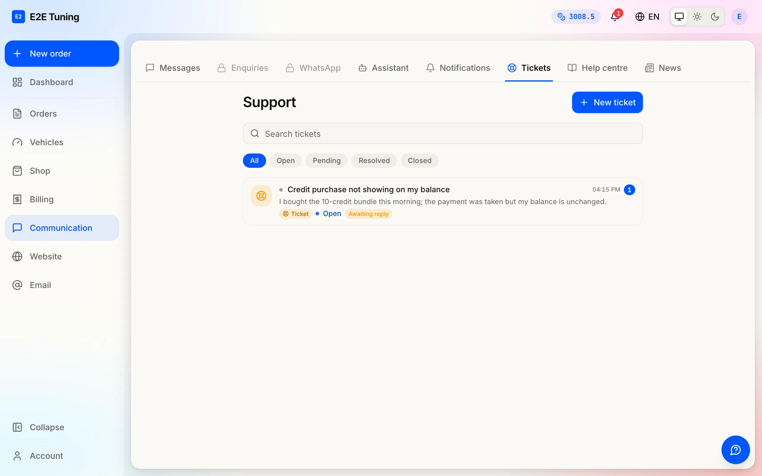 The Support page listing open tickets with their status.