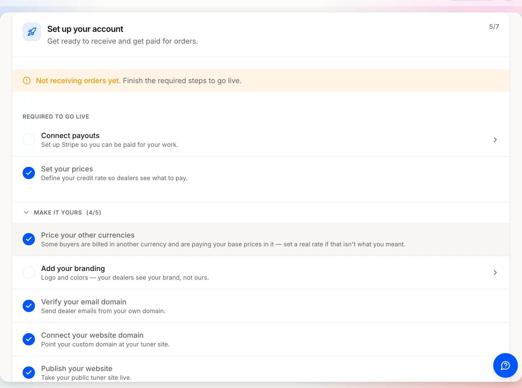 The checklist with the optional group expanded: branding, sending domain, web domain and publishing.
