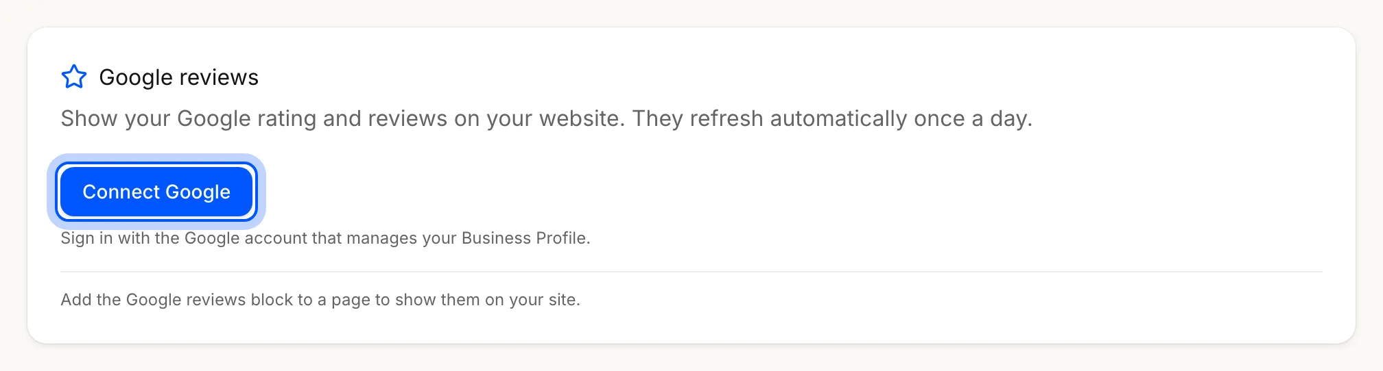The Reviews page before connecting, with Connect Google highlighted above the reminder to sign in with the account that manages the profile.
